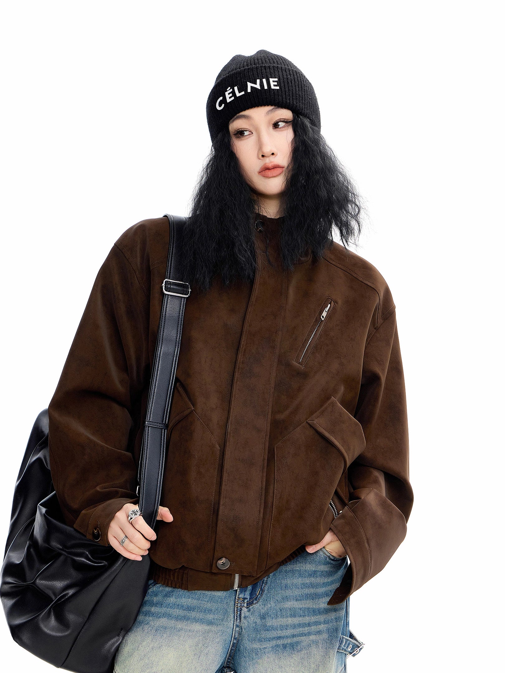 ICH MODE 美式复古工装立领短外套女秋冬新款飞行员夹克宽松上衣