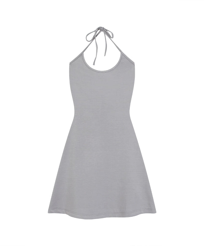 野生zero 黑灰色挂脖吊带a字露背连衣裙女夏季辣妹修身显瘦短裙子