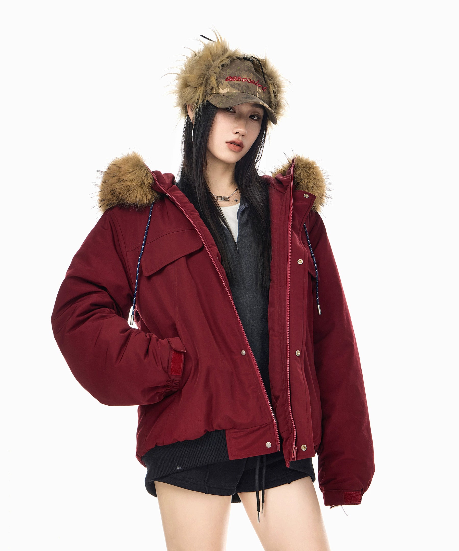 ICH MODE 美式复古毛领连帽棉服女2025新款冬季工装外套保暖棉衣