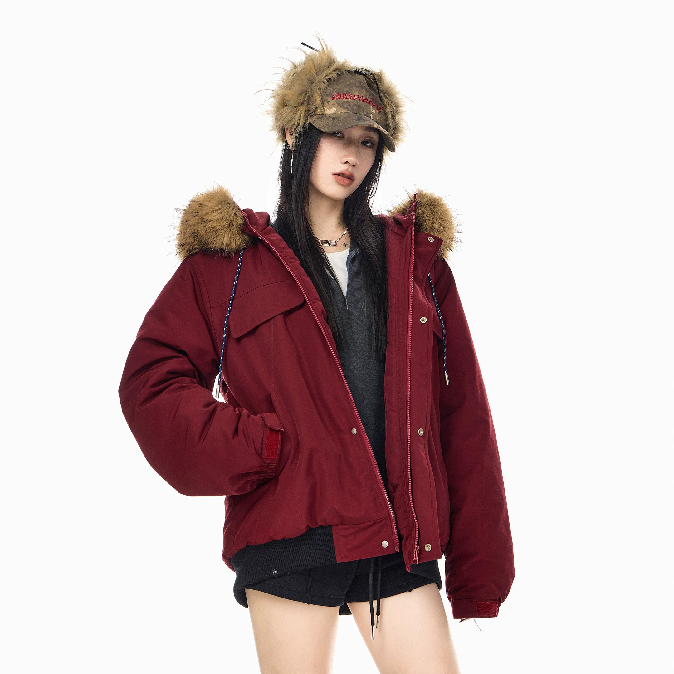 ICH MODE 美式复古毛领连帽棉服女2025新款冬季工装外套保暖棉衣