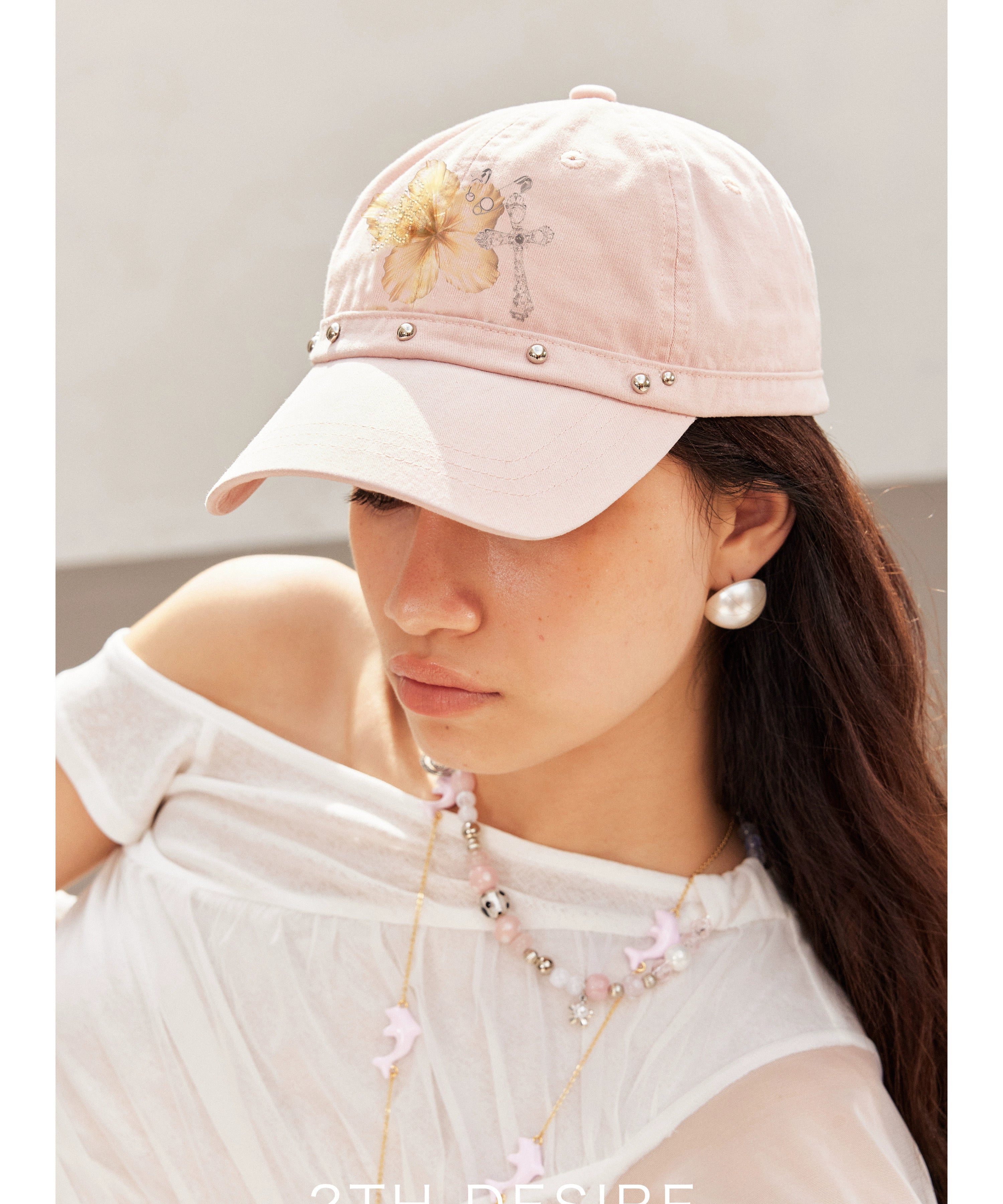 2th Desire复古扶桑花波点爱心鸭舌帽朋克铆钉刺绣烫钻弯檐棒球帽