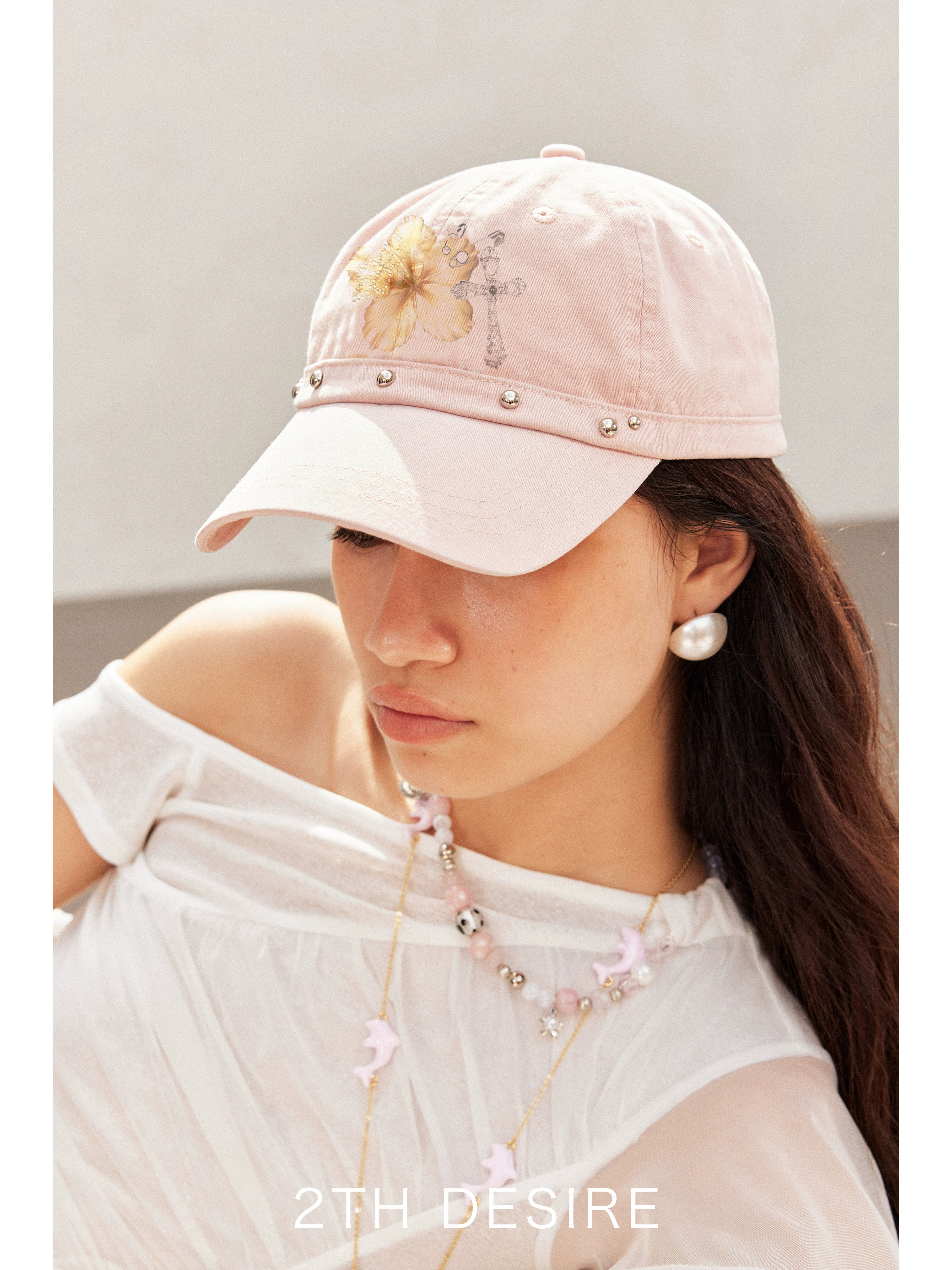 2th Desire复古扶桑花波点爱心鸭舌帽朋克铆钉刺绣烫钻弯檐棒球帽