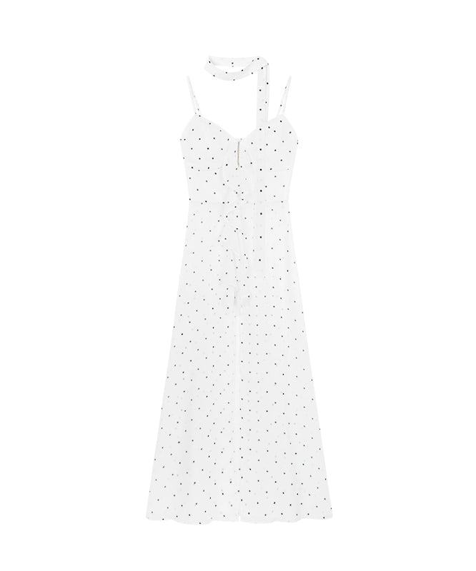 野生zero黑白色波点薄款吊带连衣裙女夏季设计感辣妹修身开叉裙子