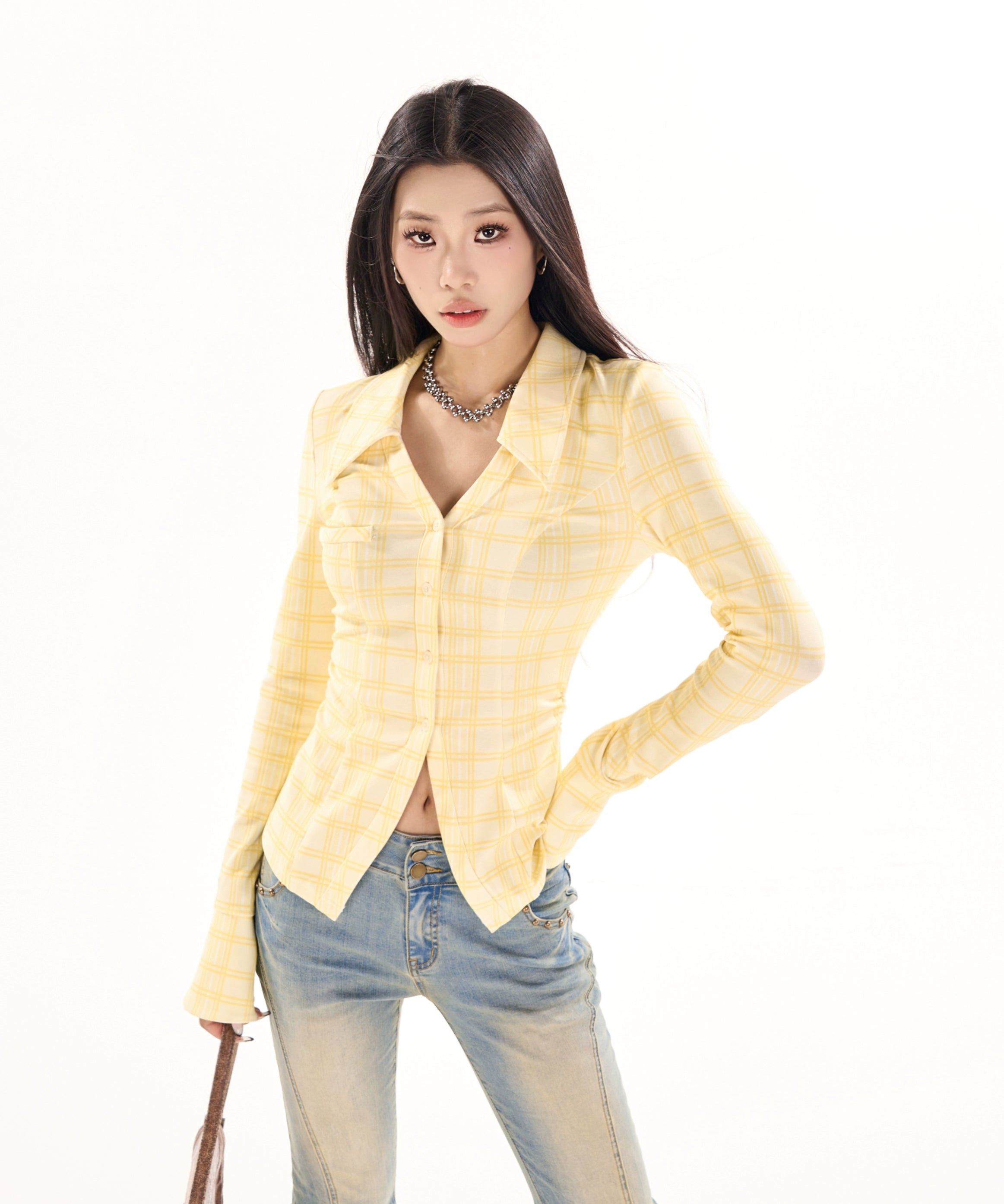 野生zerocircle 黄色格子v领长袖衬衫女春秋季修身收腰喇叭袖上衣