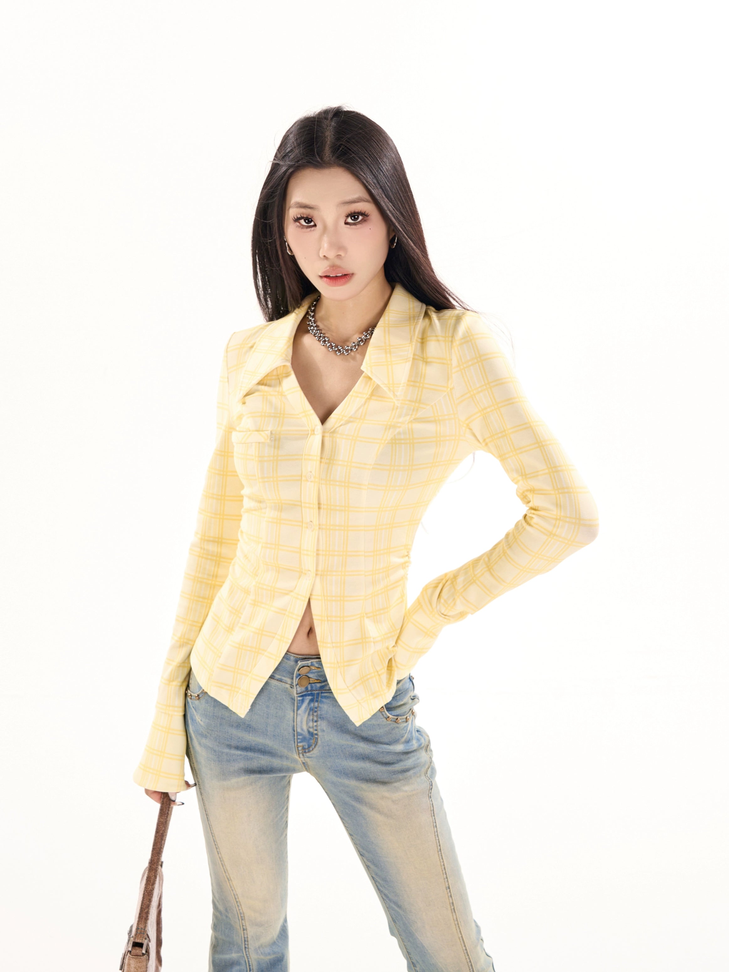 野生zerocircle 黄色格子v领长袖衬衫女春秋季修身收腰喇叭袖上衣