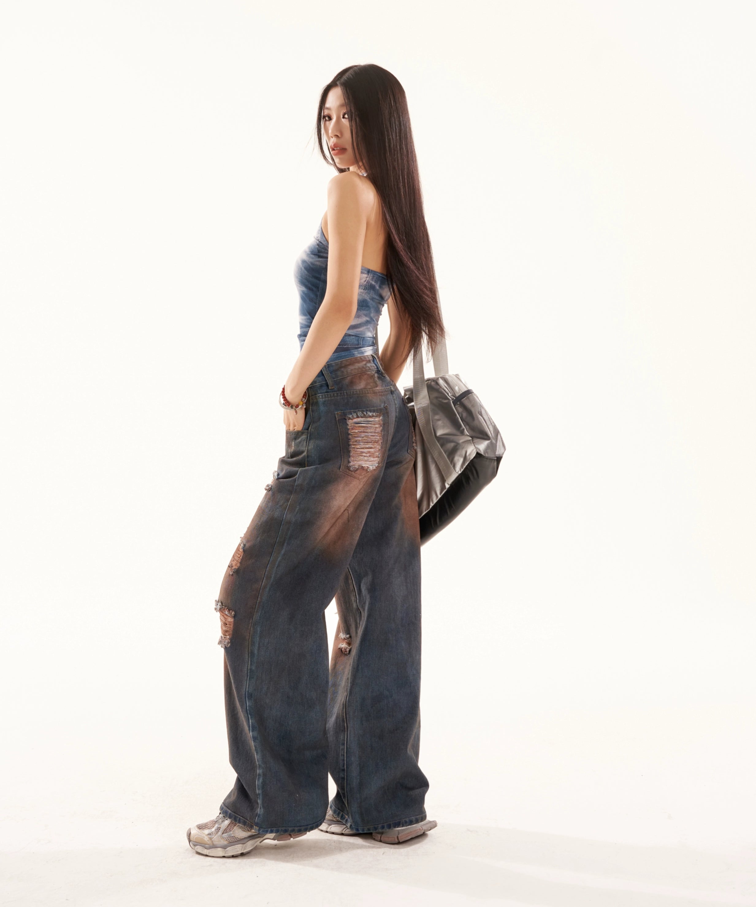 野生zero复古水洗破洞牛仔裤女夏设计感高街显瘦阔腿宽松直筒裤子