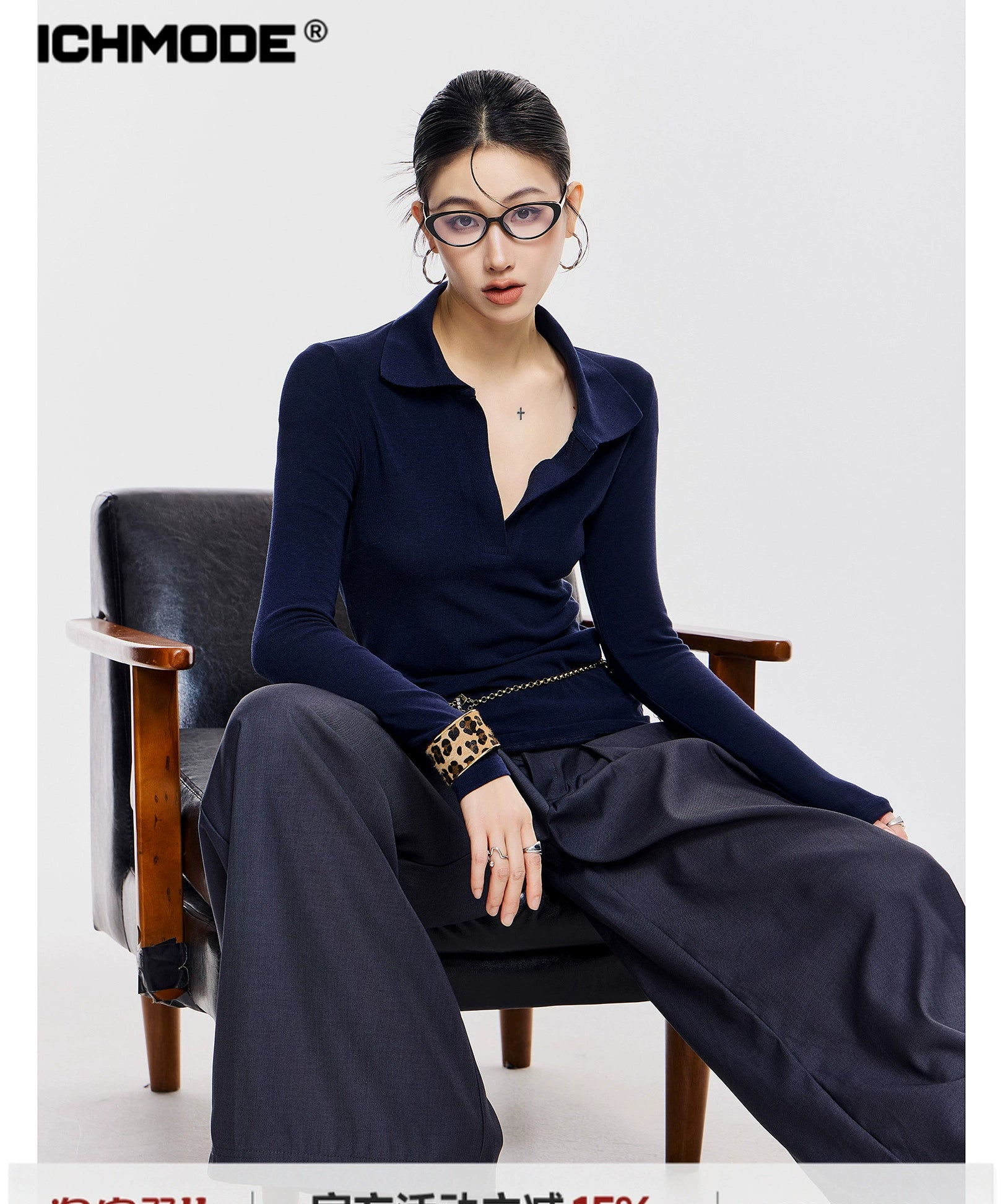 ICH MODE 美式复古POLO衫长袖T恤女秋冬新款修身正肩上衣2025新款