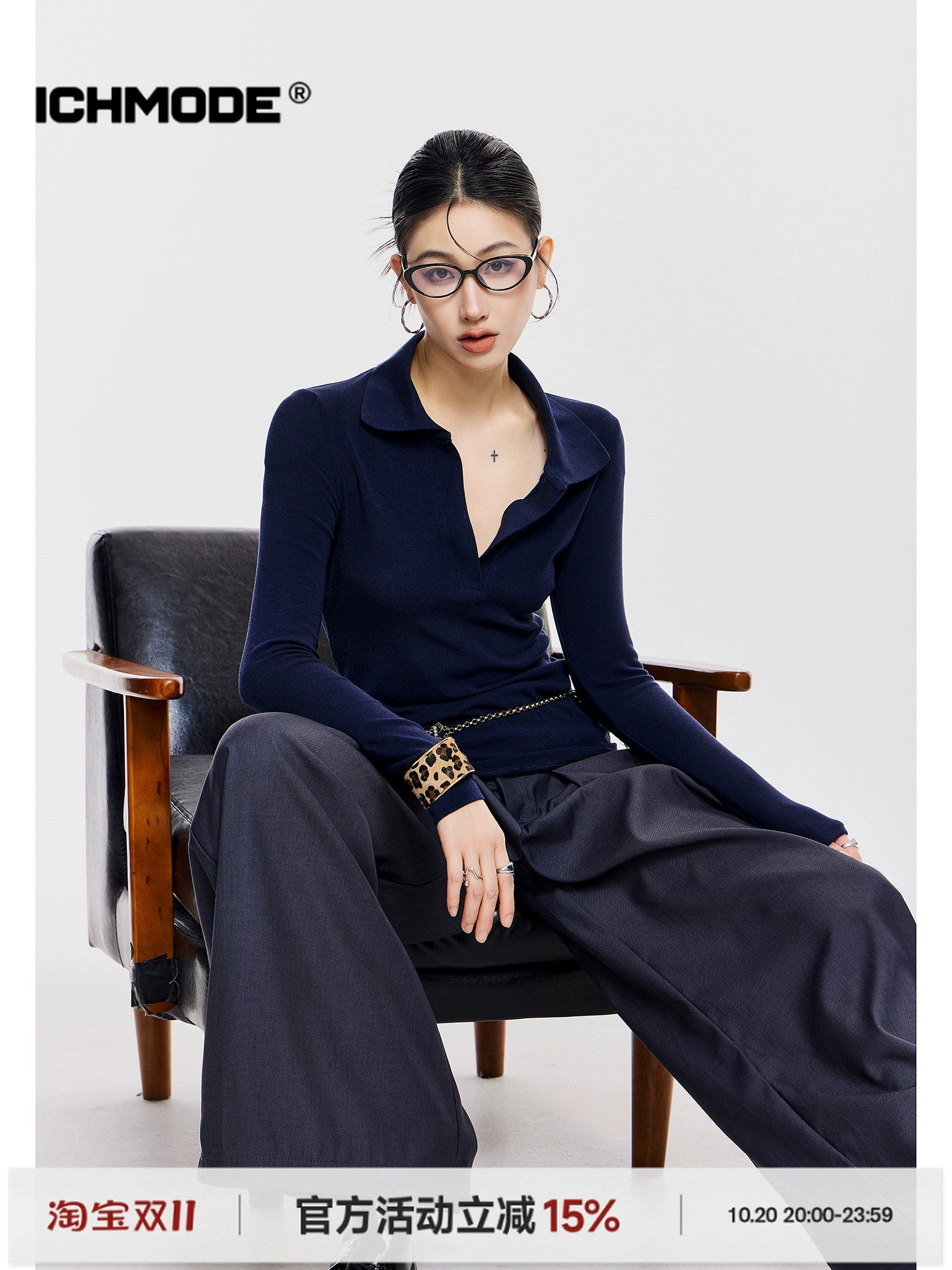 ICH MODE 美式复古POLO衫长袖T恤女秋冬新款修身正肩上衣2025新款