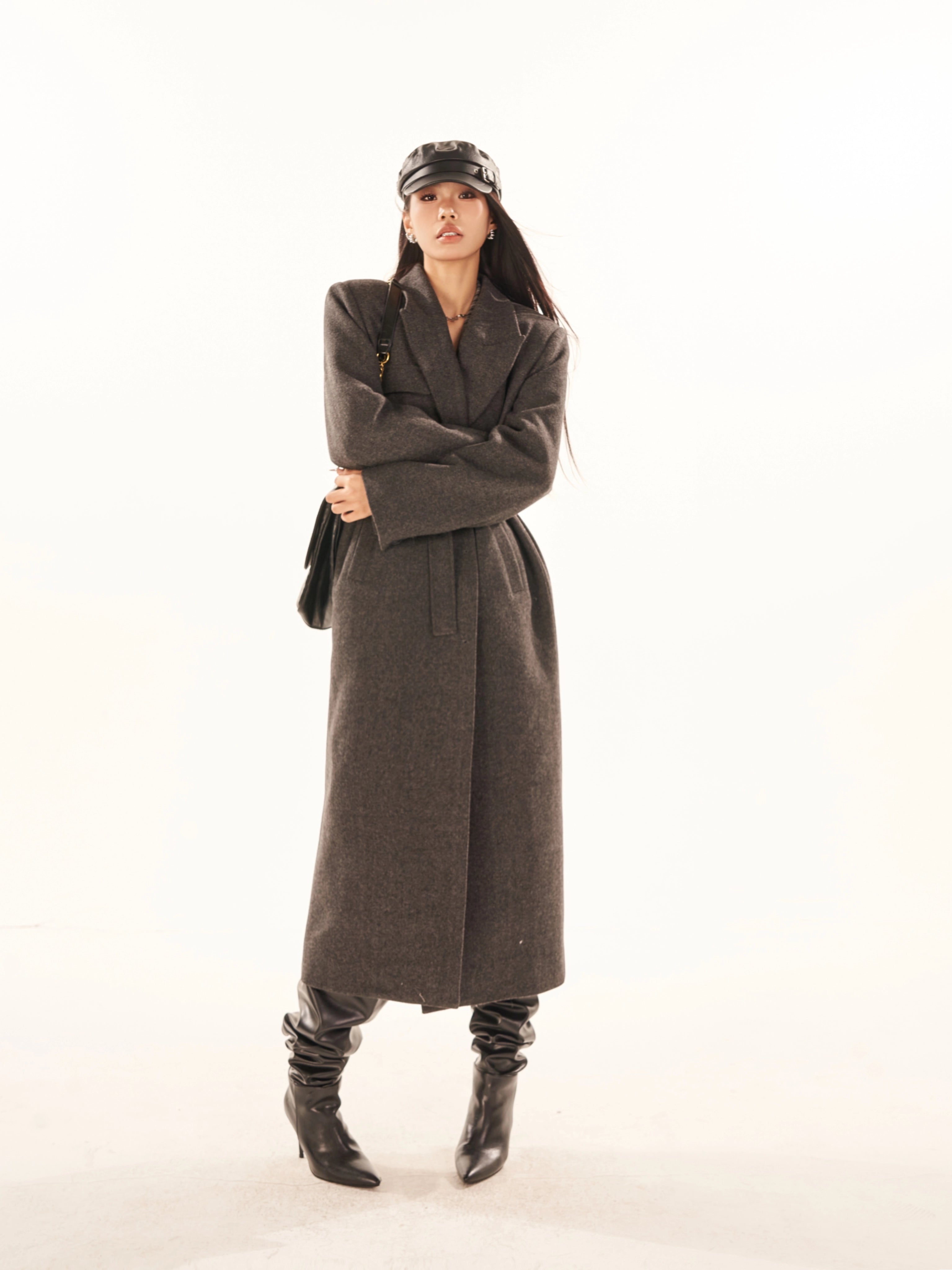 野生zerocircle灰色正肩西装式羊毛呢大衣女冬高级感加厚长款外套