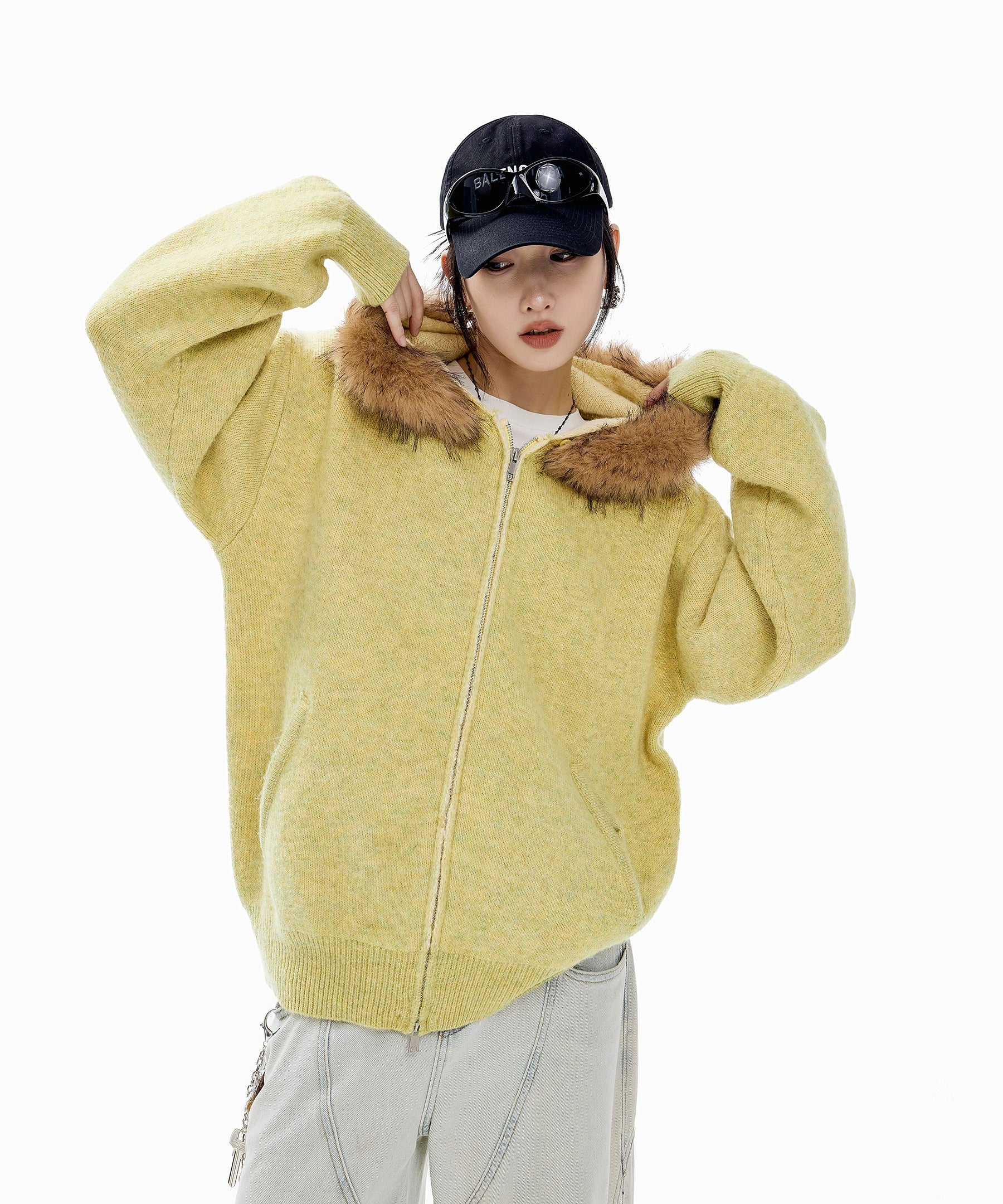 ICH MODE 美式可拆卸毛领黄色针织开衫女秋冬季宽松慵懒毛衣外套