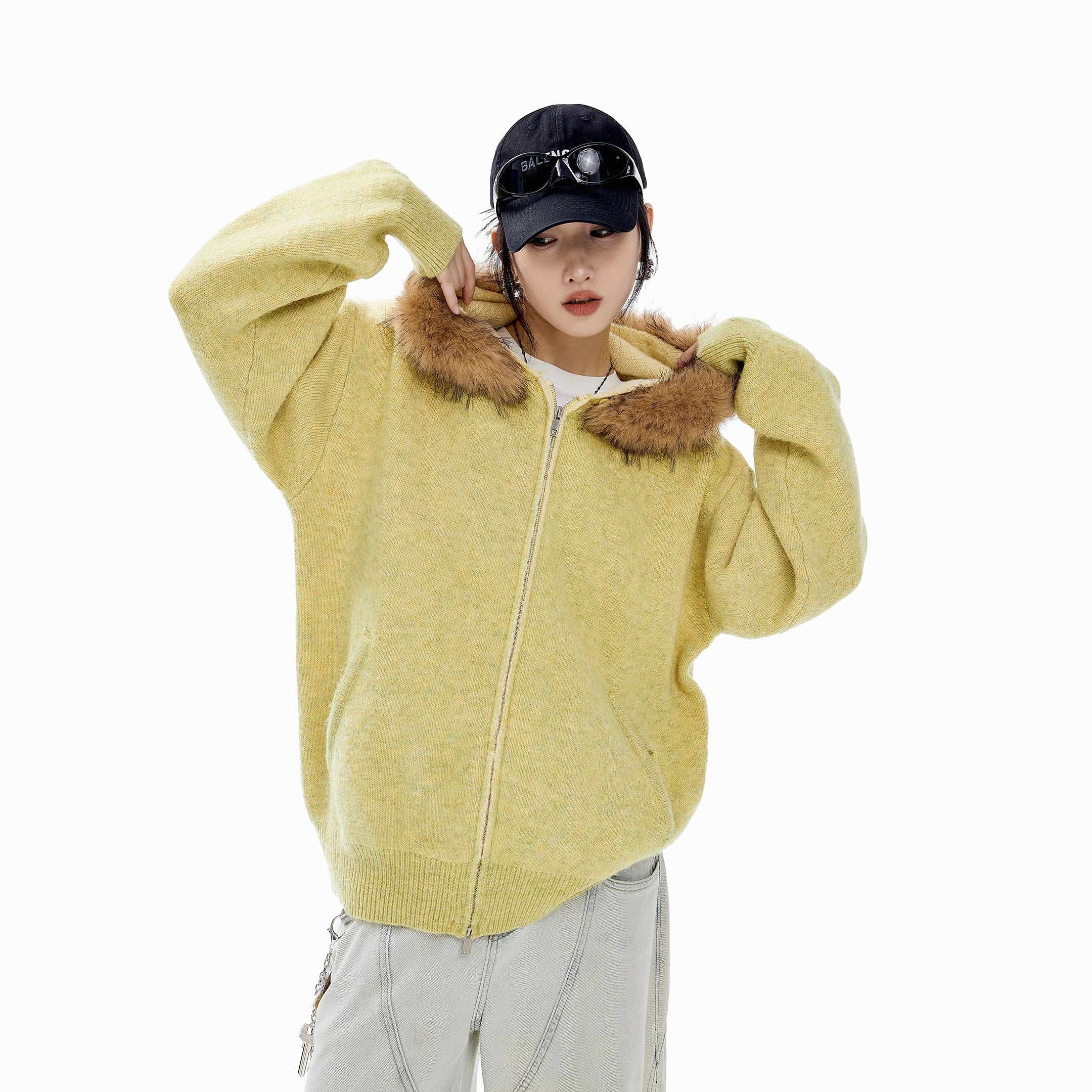 ICH MODE 美式可拆卸毛领黄色针织开衫女秋冬季宽松慵懒毛衣外套