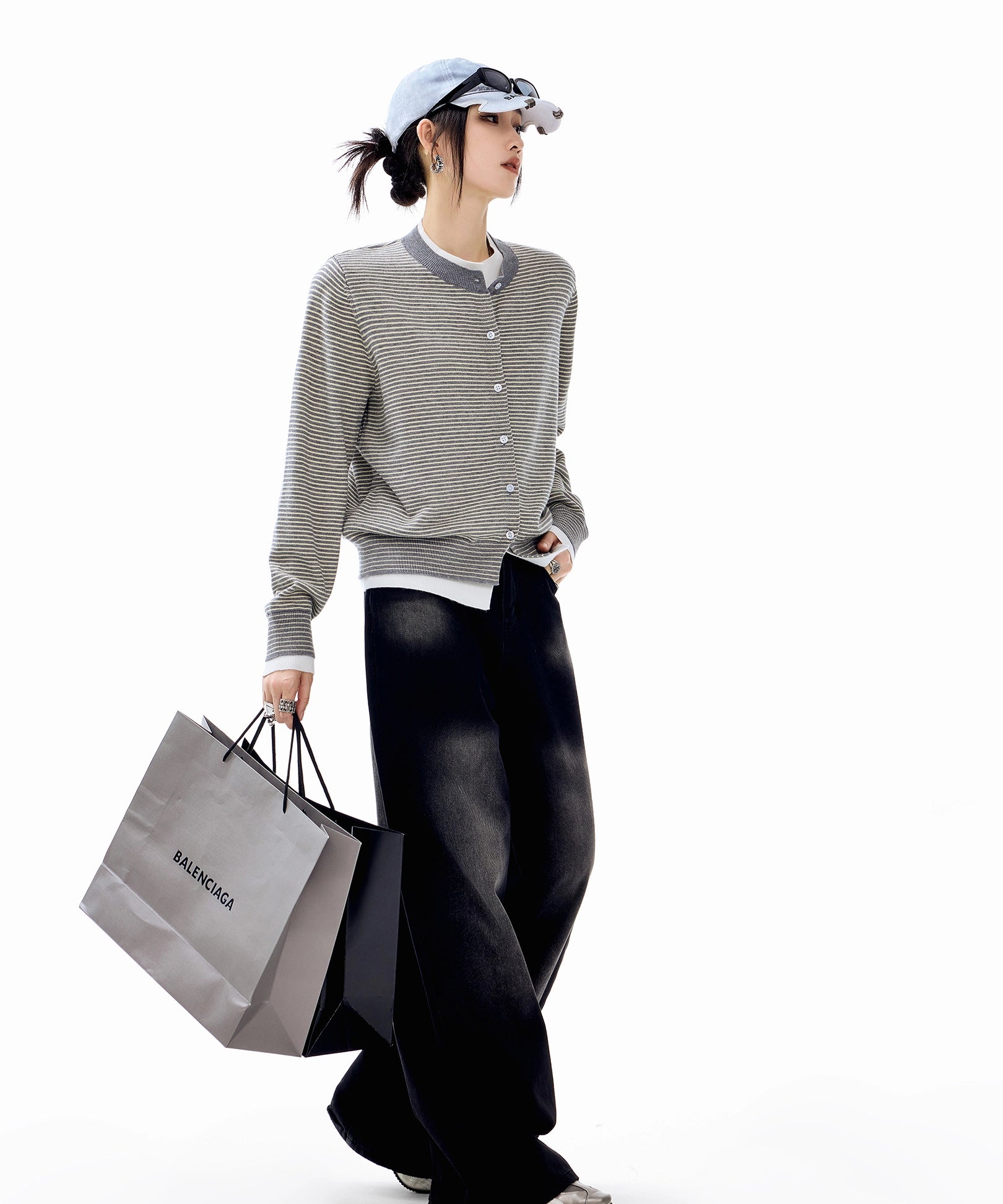 ICH MODE 美式假两件撞色条纹针织开衫女秋冬季短款修身毛衣外套