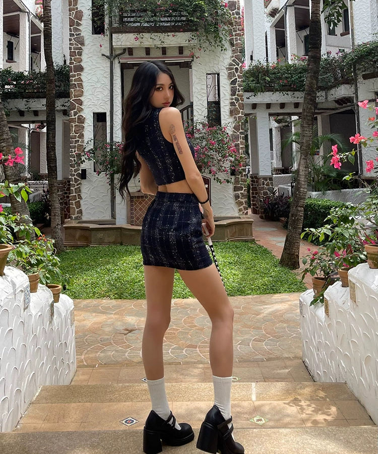 野生zero 蓝色小香套装女夏季外穿短款吊带背心格子a字半身短裙子