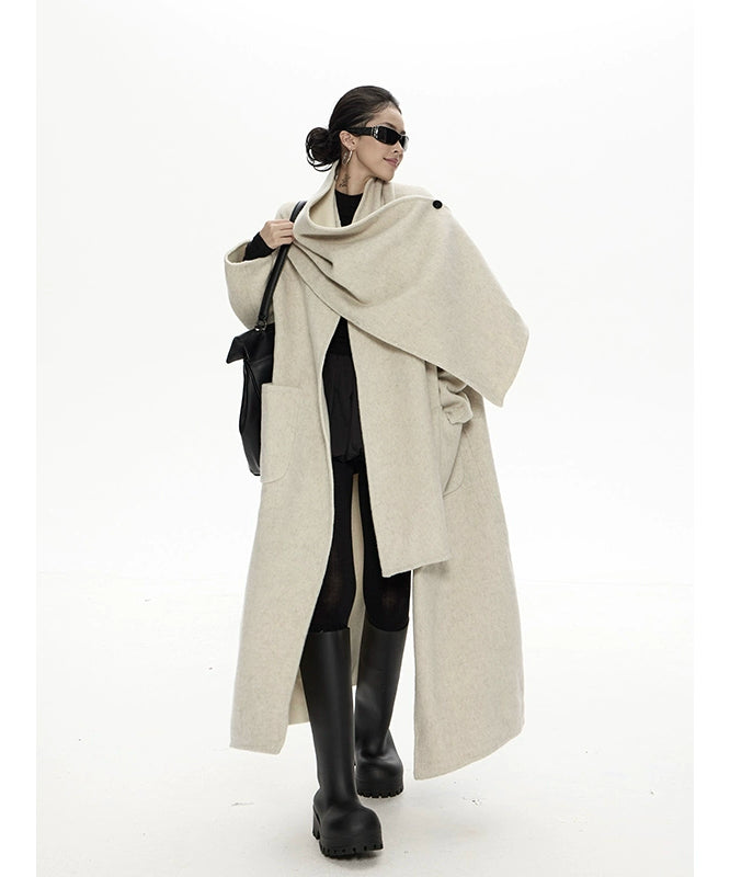 野生zero撞色长款廓形毛呢外套女秋冬新款设计感小众宽松加厚大衣