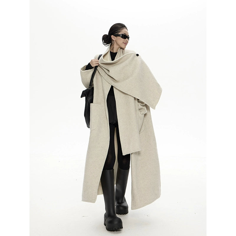 野生zero撞色长款廓形毛呢外套女秋冬新款设计感小众宽松加厚大衣