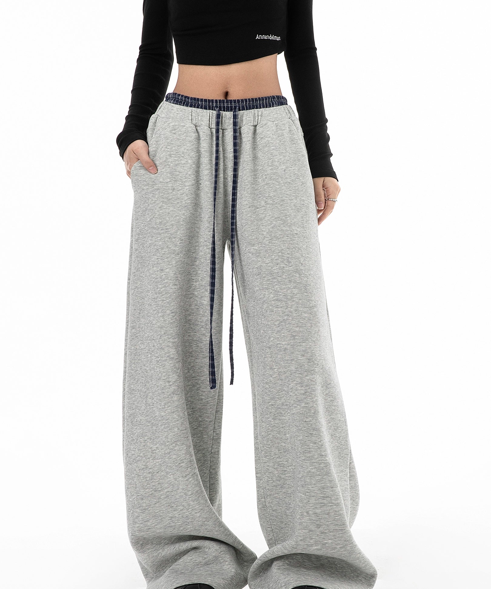 ICH MODE 美式复古格子拼接休闲裤女宽松直筒运动裤百搭阔腿卫裤