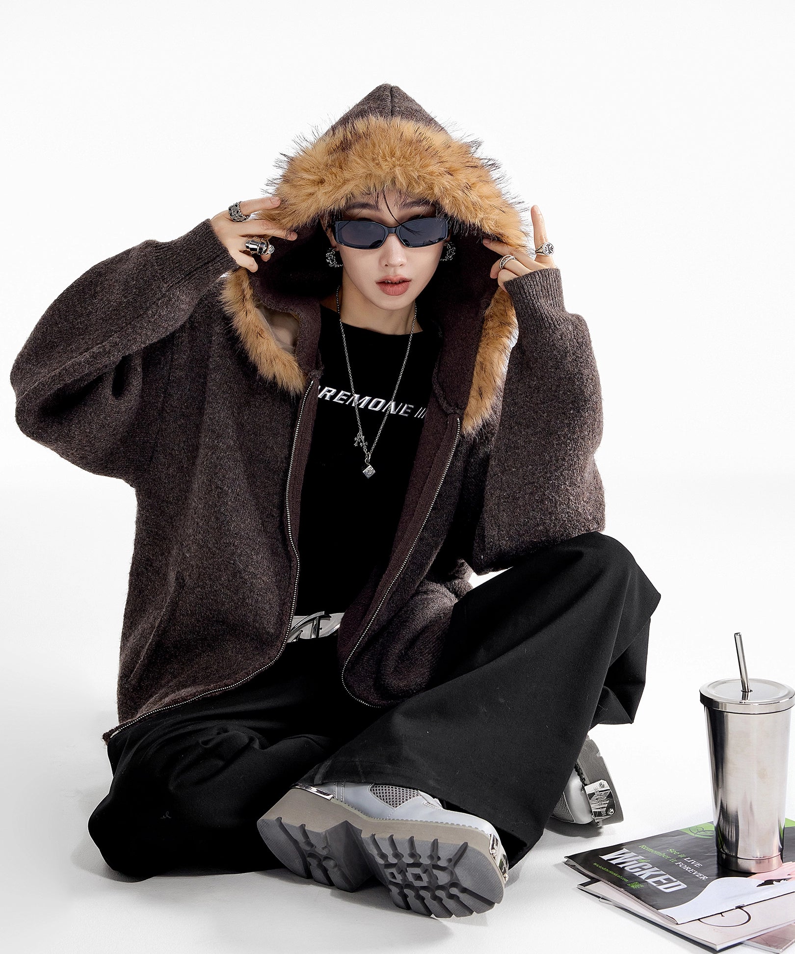 ICH MODE 美式可拆卸毛领黄色针织开衫女秋冬季宽松慵懒毛衣外套