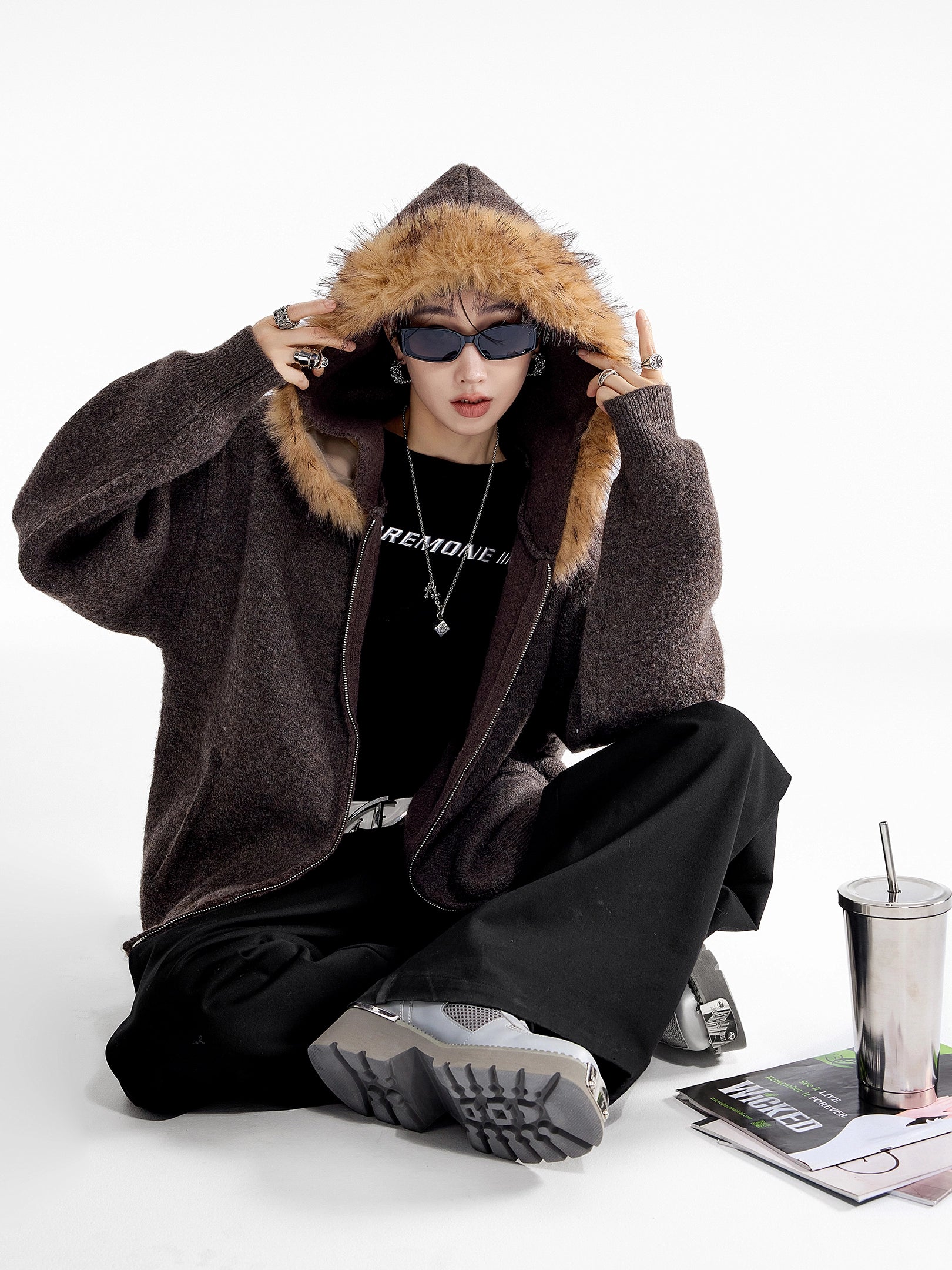 ICH MODE 美式可拆卸毛领黄色针织开衫女秋冬季宽松慵懒毛衣外套