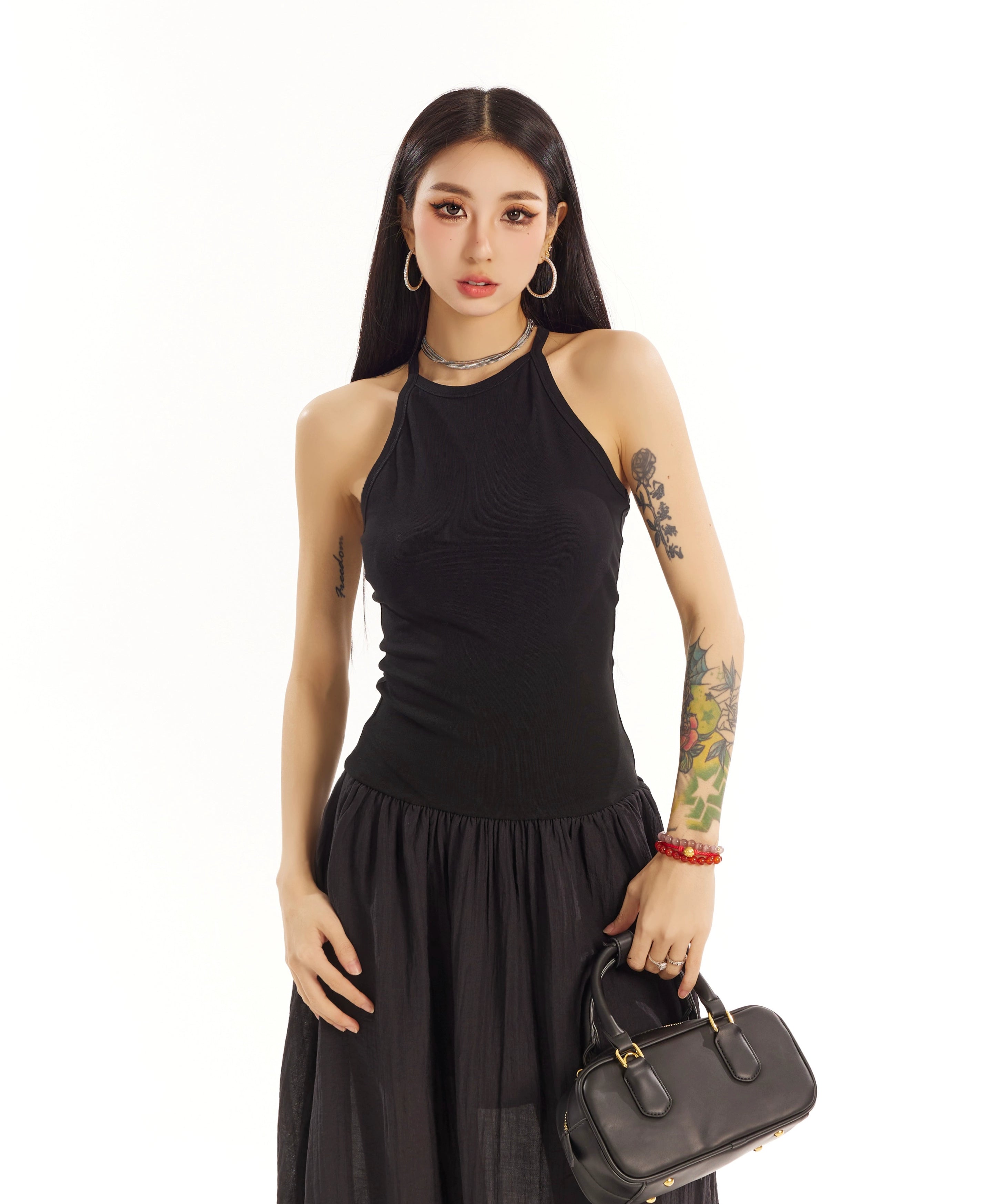 野生zero黑粉色拼接无袖背心连衣裙女春夏季设计感修身显瘦长裙子