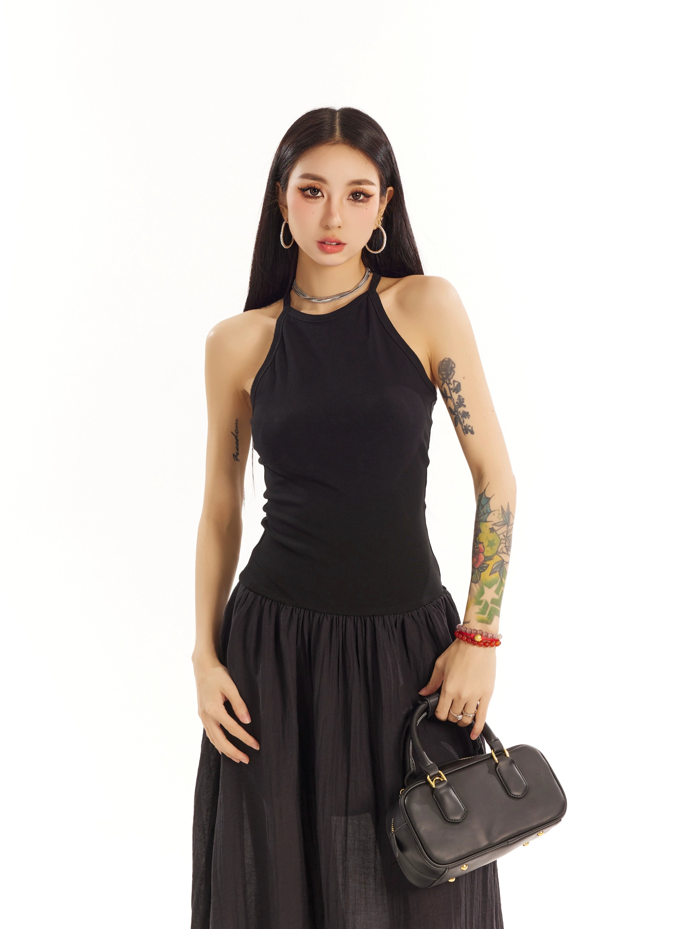 野生zero黑粉色拼接无袖背心连衣裙女春夏季设计感修身显瘦长裙子