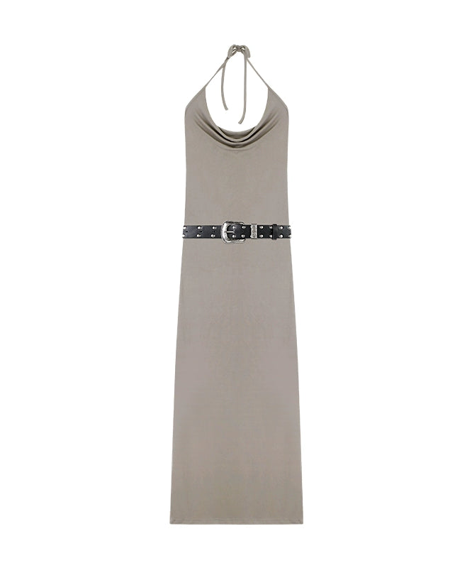 野生zero黑色开叉荡领挂脖连衣裙女夏季辣妹设计感修身显瘦长裙子