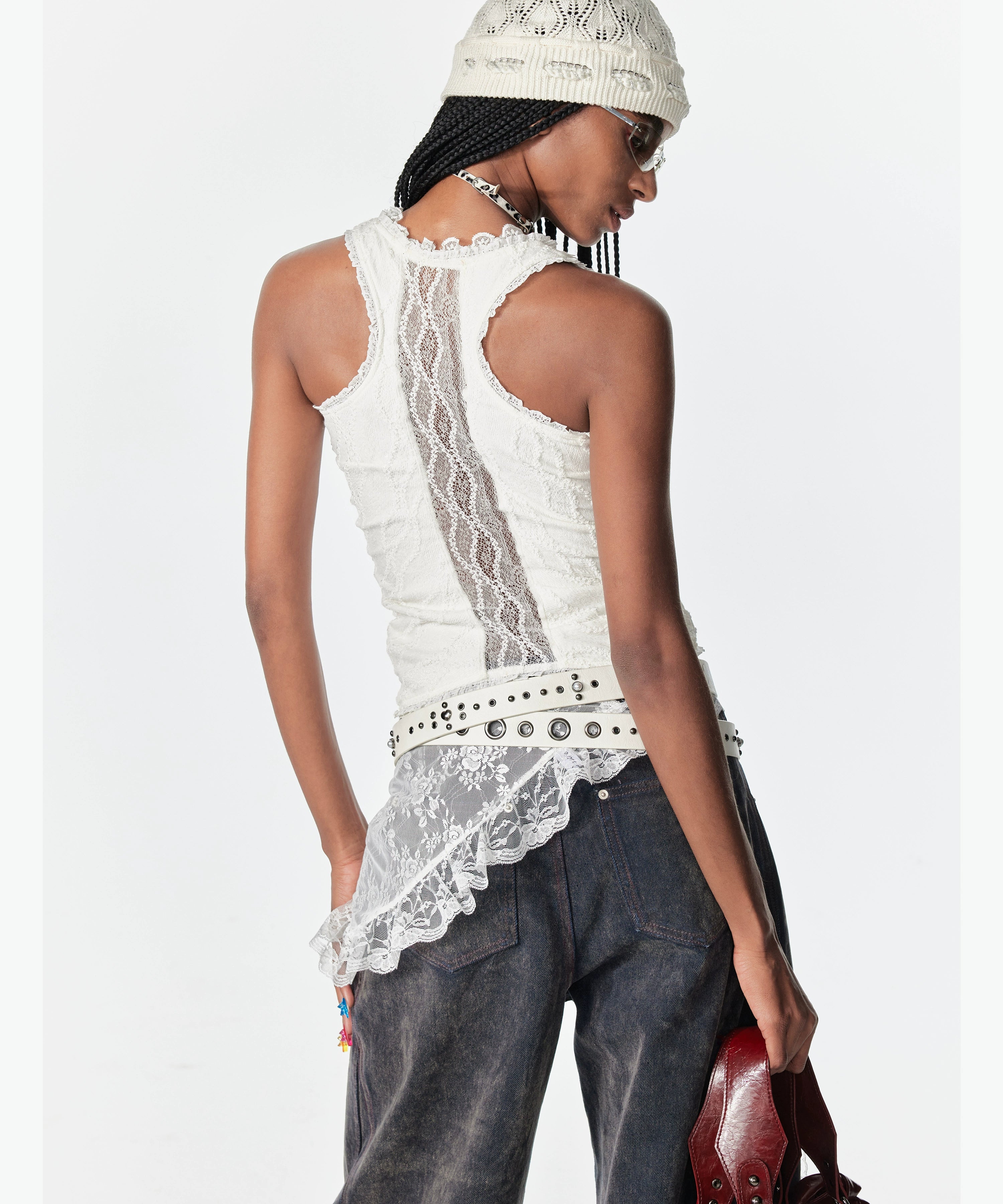 2th Desire蕾丝拼接镂空亮闪工字吊带背心弹力露背内搭外穿上衣女