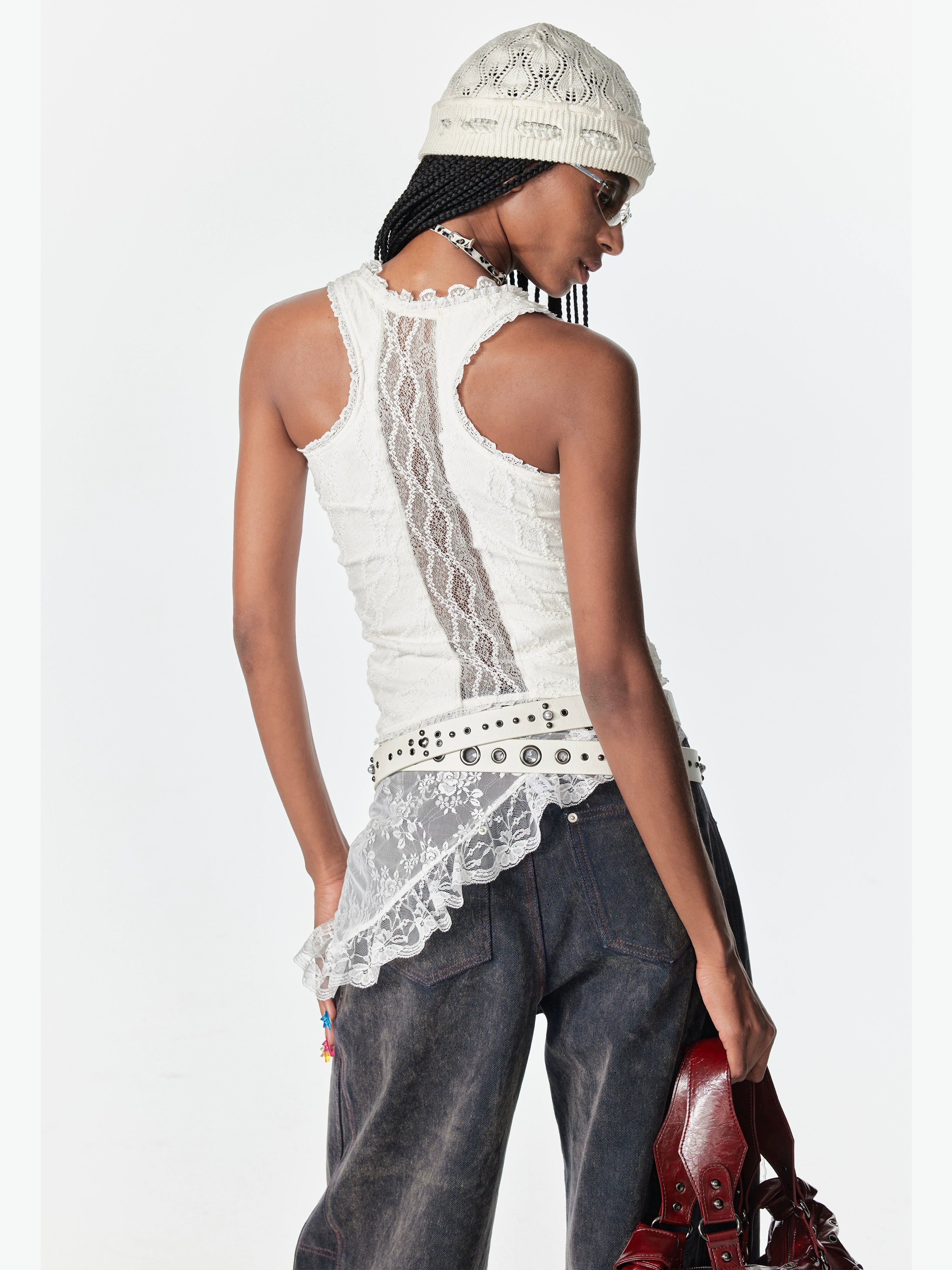 2th Desire蕾丝拼接镂空亮闪工字吊带背心弹力露背内搭外穿上衣女