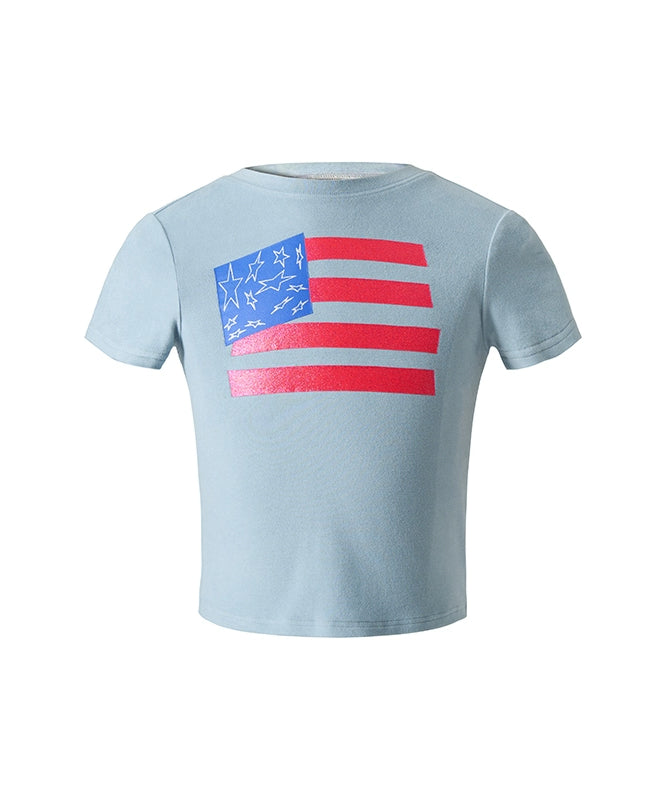 闪粉印花性感紧身高弹辣妹短款美式T恤羊绒圆领短袖女