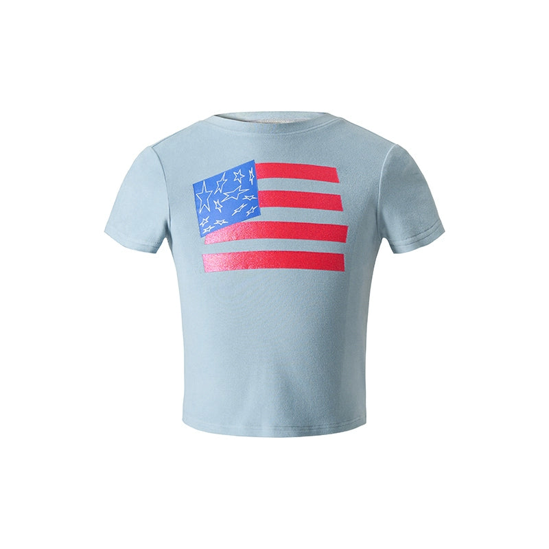 闪粉印花性感紧身高弹辣妹短款美式T恤羊绒圆领短袖女