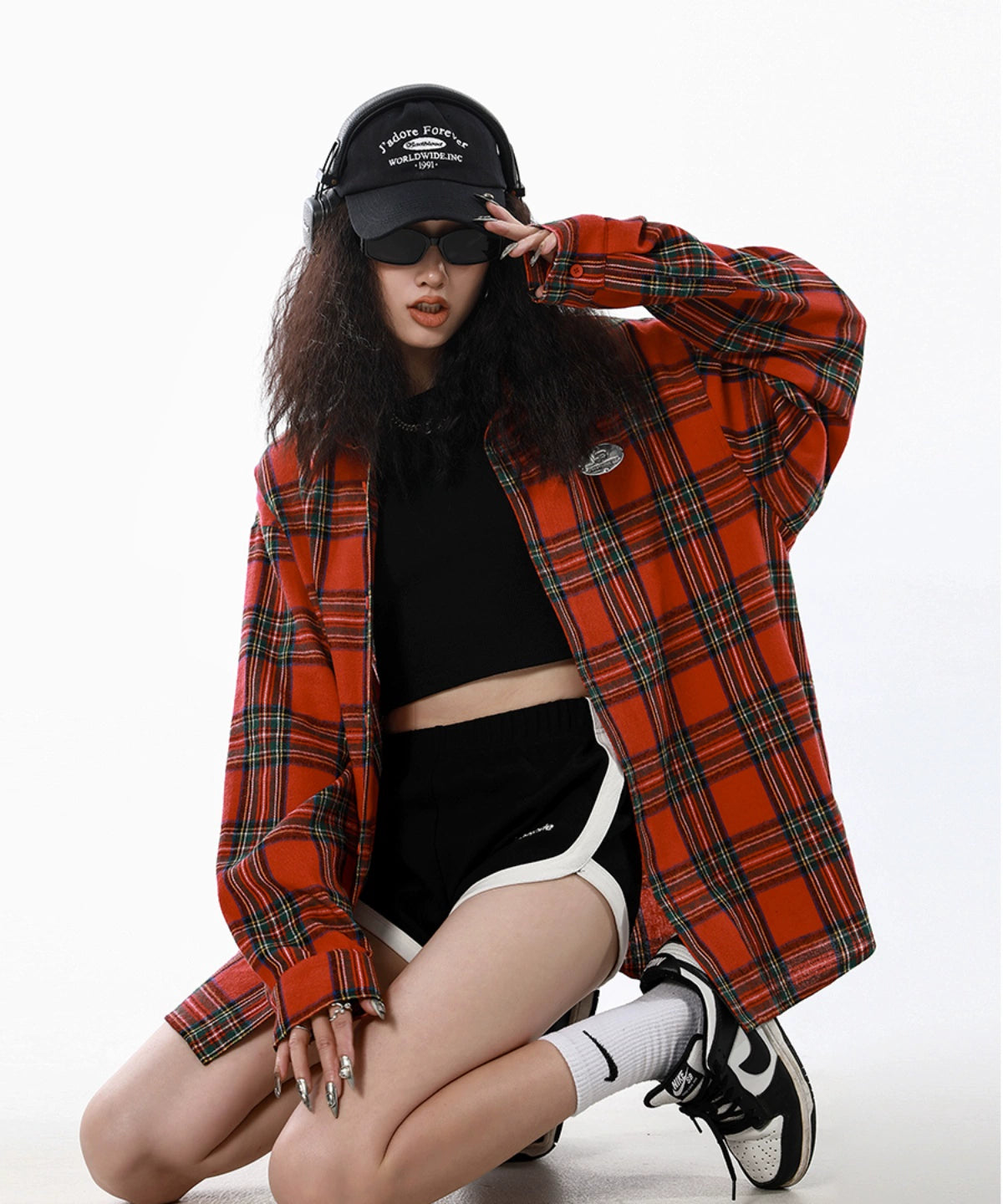 ICH MODE 美式复古格子衬衫女秋新款宽松流行百搭长袖衬衣外套