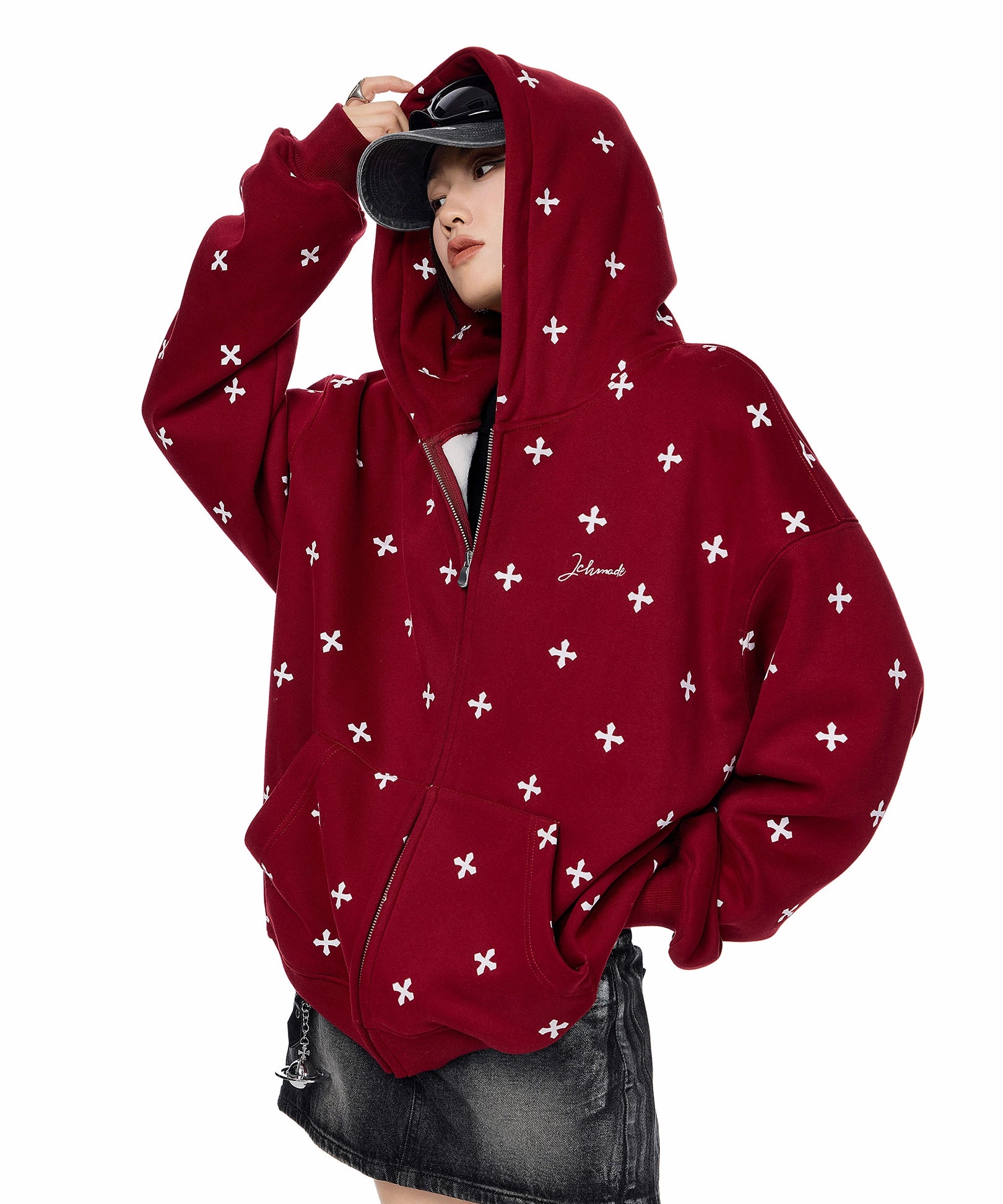 ICH MODE 美式复古满印十字架连帽卫衣外套女秋冬季拉链上衣开衫