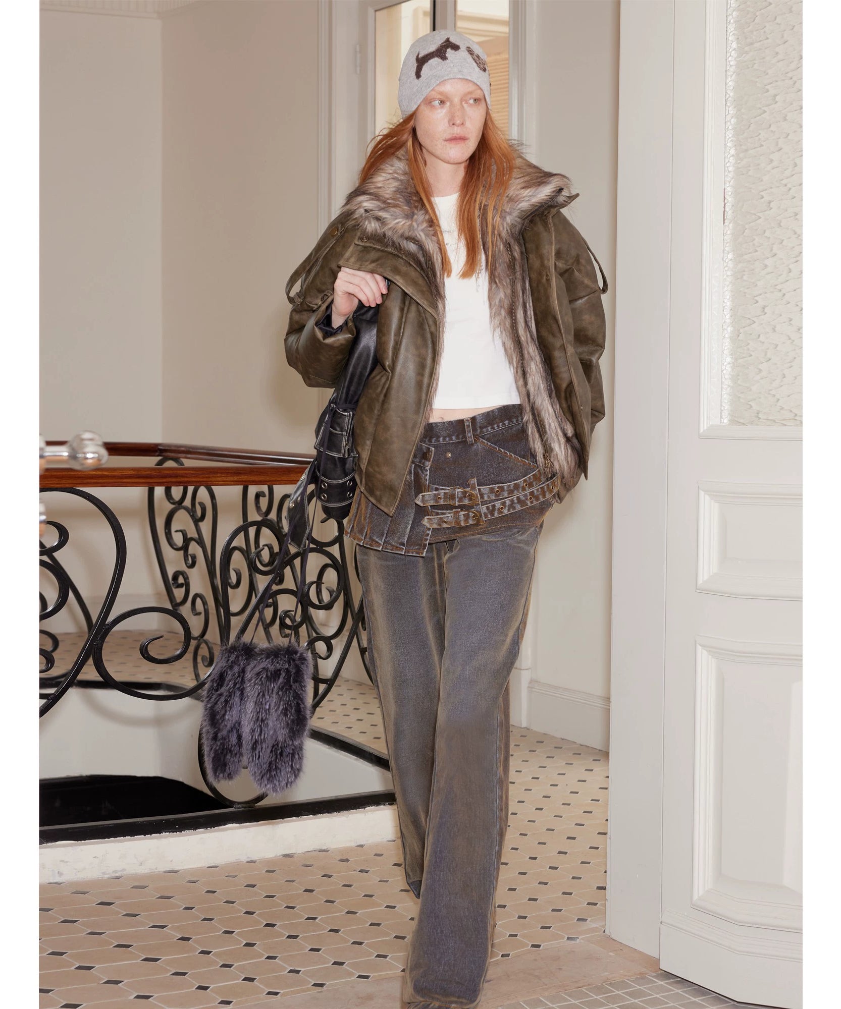 2th Desire大朵90白鸭绒美式复古皮草拼接冬季羽绒服女擦色机车风