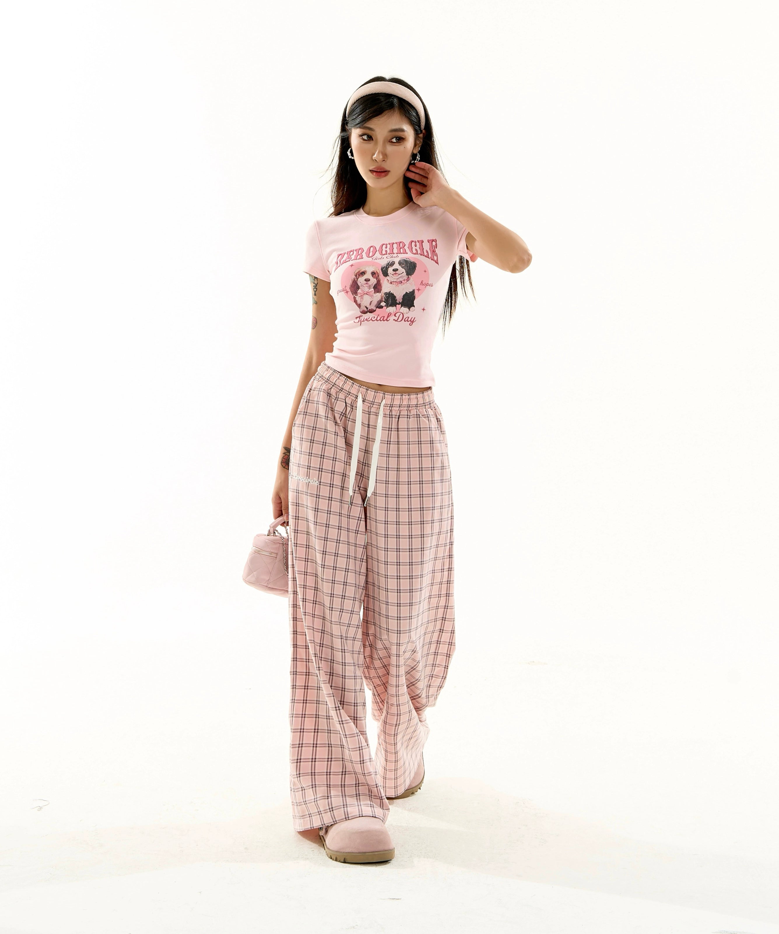 野生zero蓝格子裤女夏季薄款松紧腰慵懒宽松阔腿直筒休闲显瘦裤子