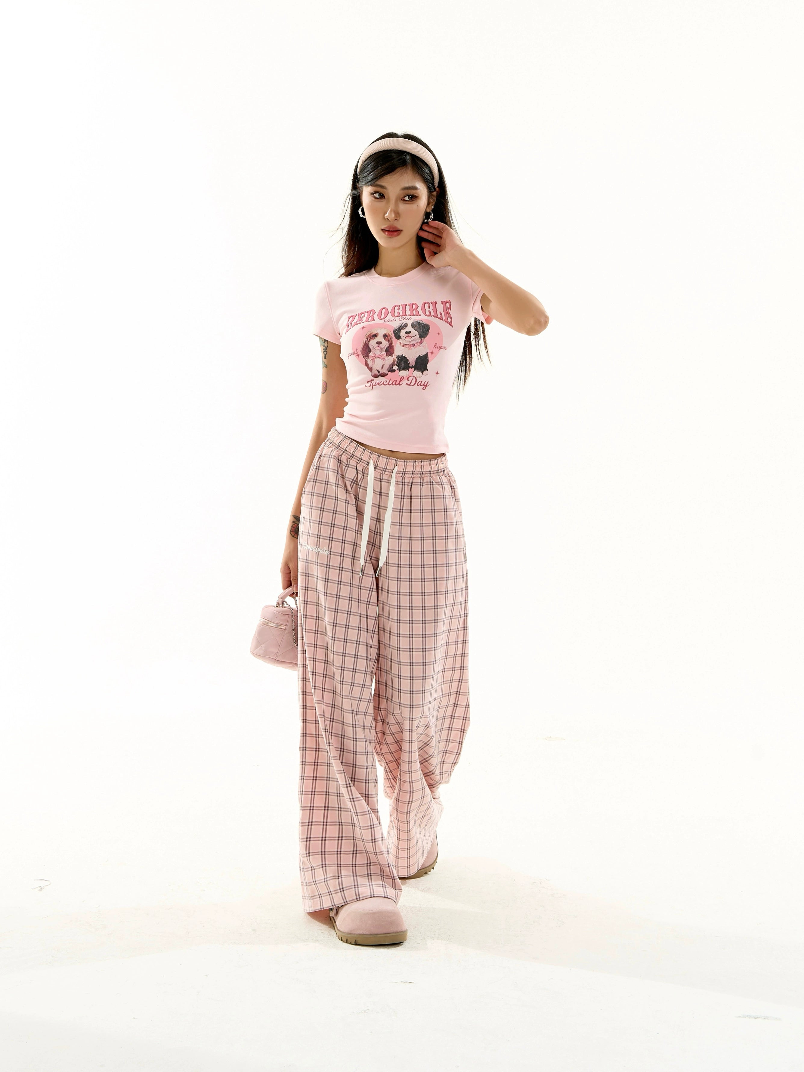 野生zero蓝格子裤女夏季薄款松紧腰慵懒宽松阔腿直筒休闲显瘦裤子