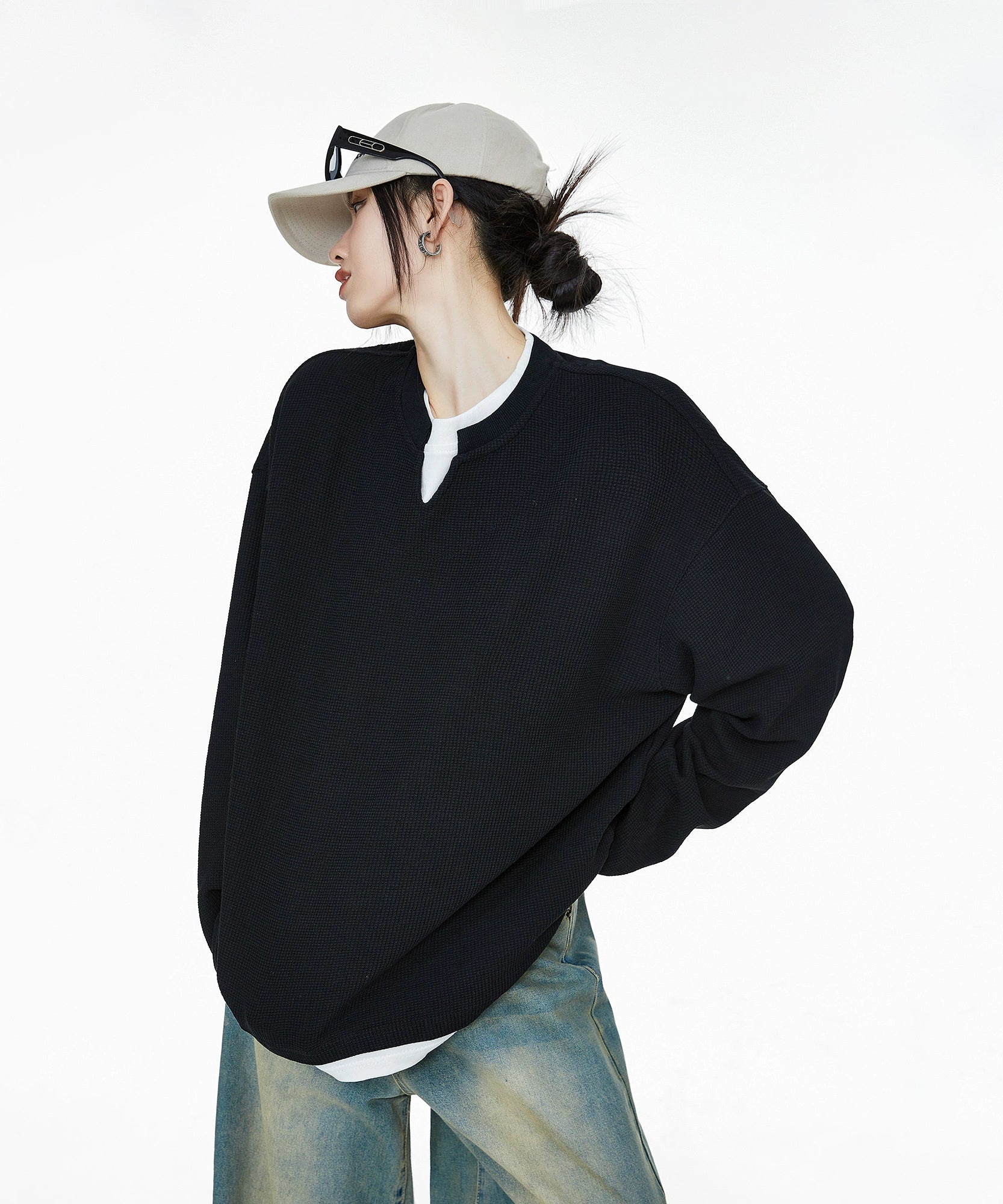 ICH MODE 美式复古假两件华夫格卫衣女秋冬宽松长袖休闲上衣外套