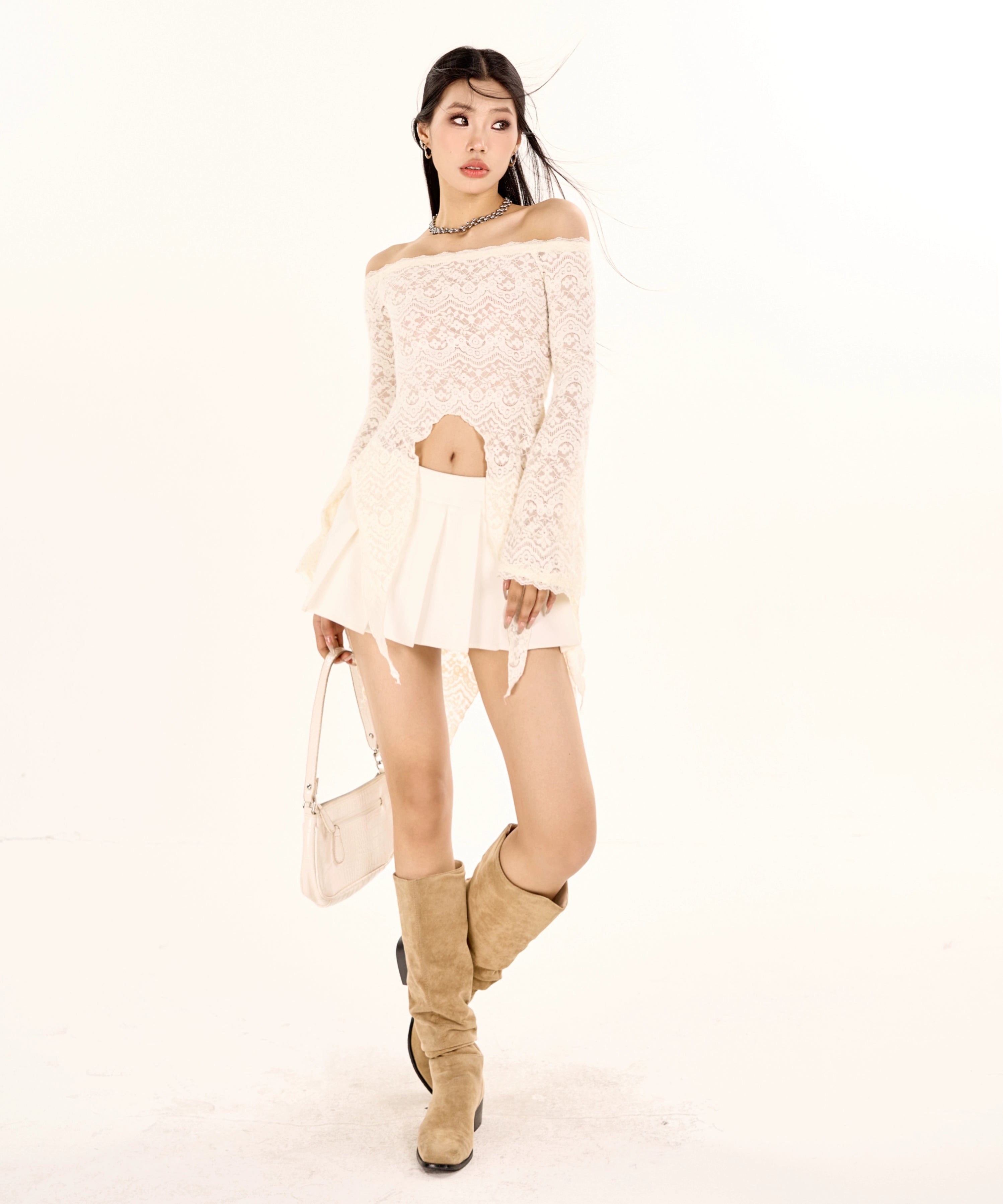 野生zerocircle黑色中长款修身蕾丝衫女春季辣妹喇叭袖一字肩上衣