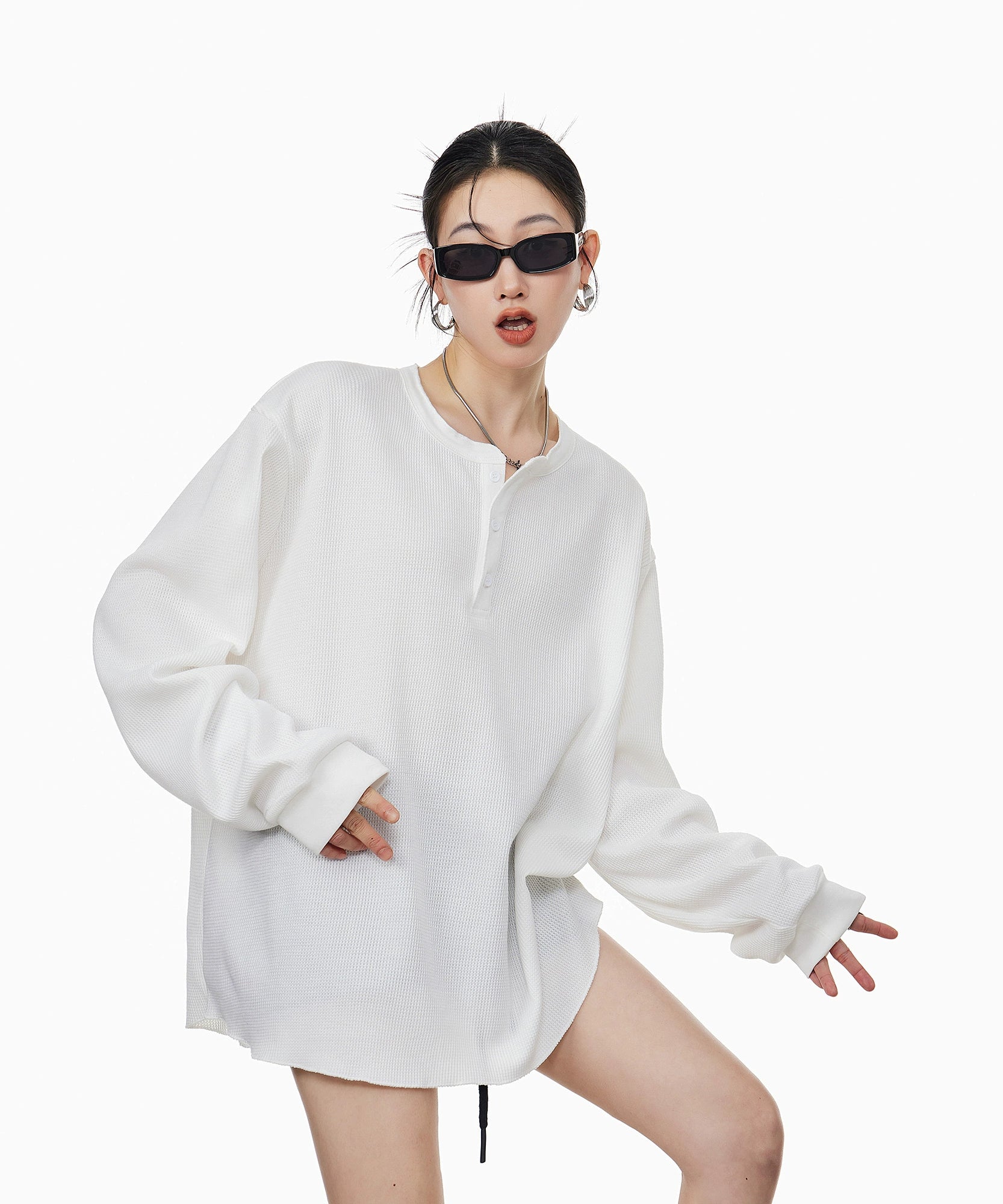 ICH MODE 美式亨利领长袖T恤女2025年夏季新款华夫格宽松休闲罩衫