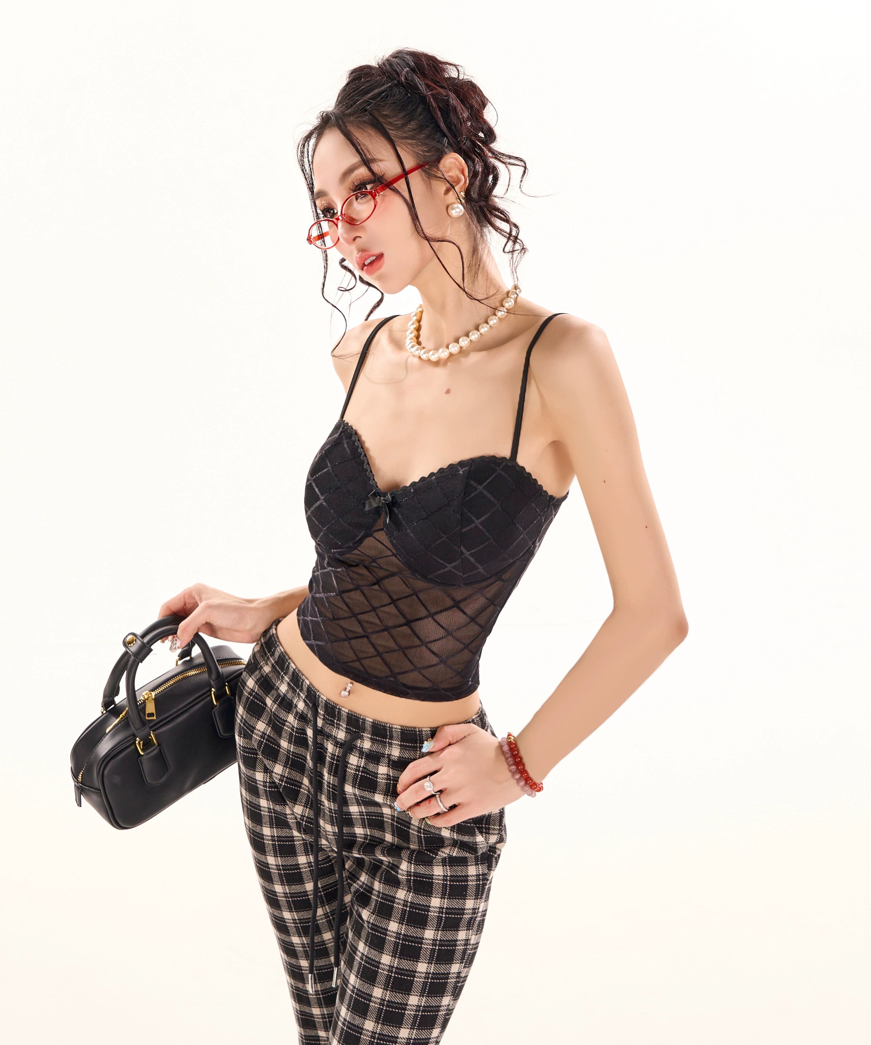 野生zerocircle黑红色格子吊带胸垫背心内搭女春夏季辣妹网纱上衣