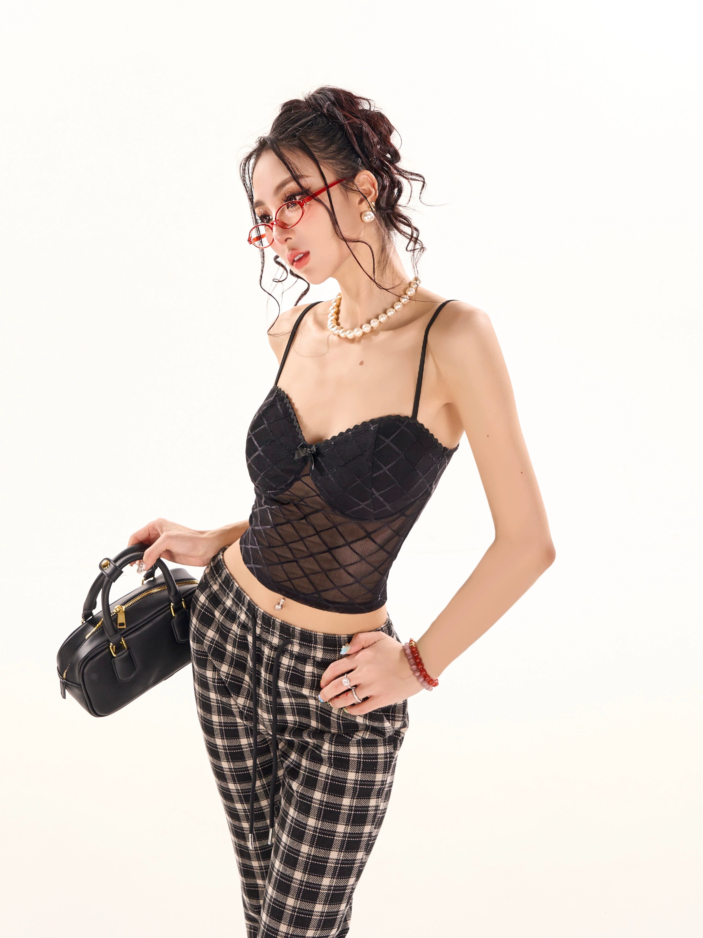 野生zerocircle黑红色格子吊带胸垫背心内搭女春夏季辣妹网纱上衣
