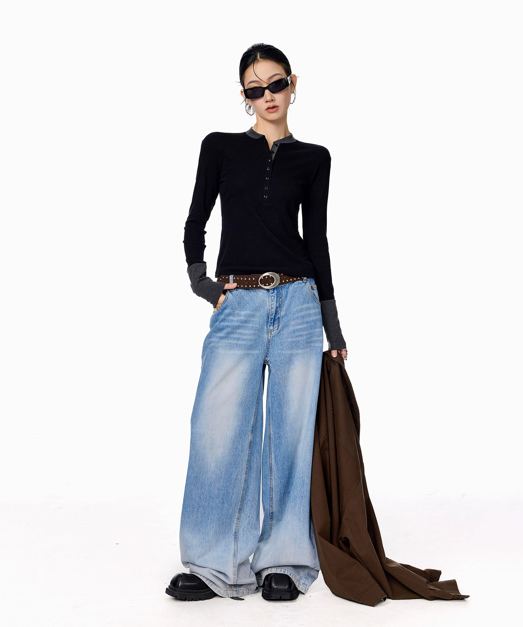 ICH MODE 美式复古假两件长袖T恤女秋冬亨利领一字肩修身打底上衣