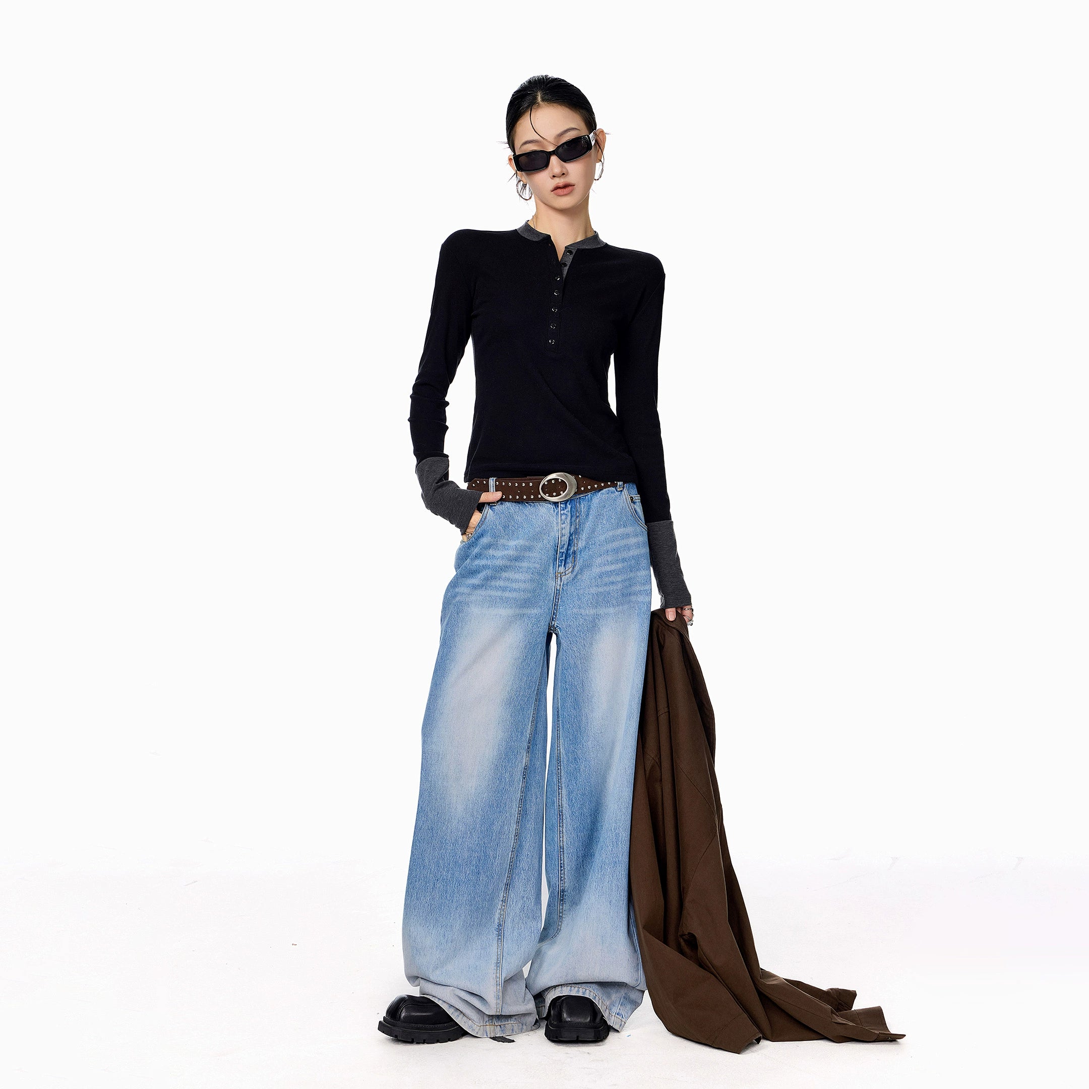 ICH MODE 美式复古假两件长袖T恤女秋冬亨利领一字肩修身打底上衣