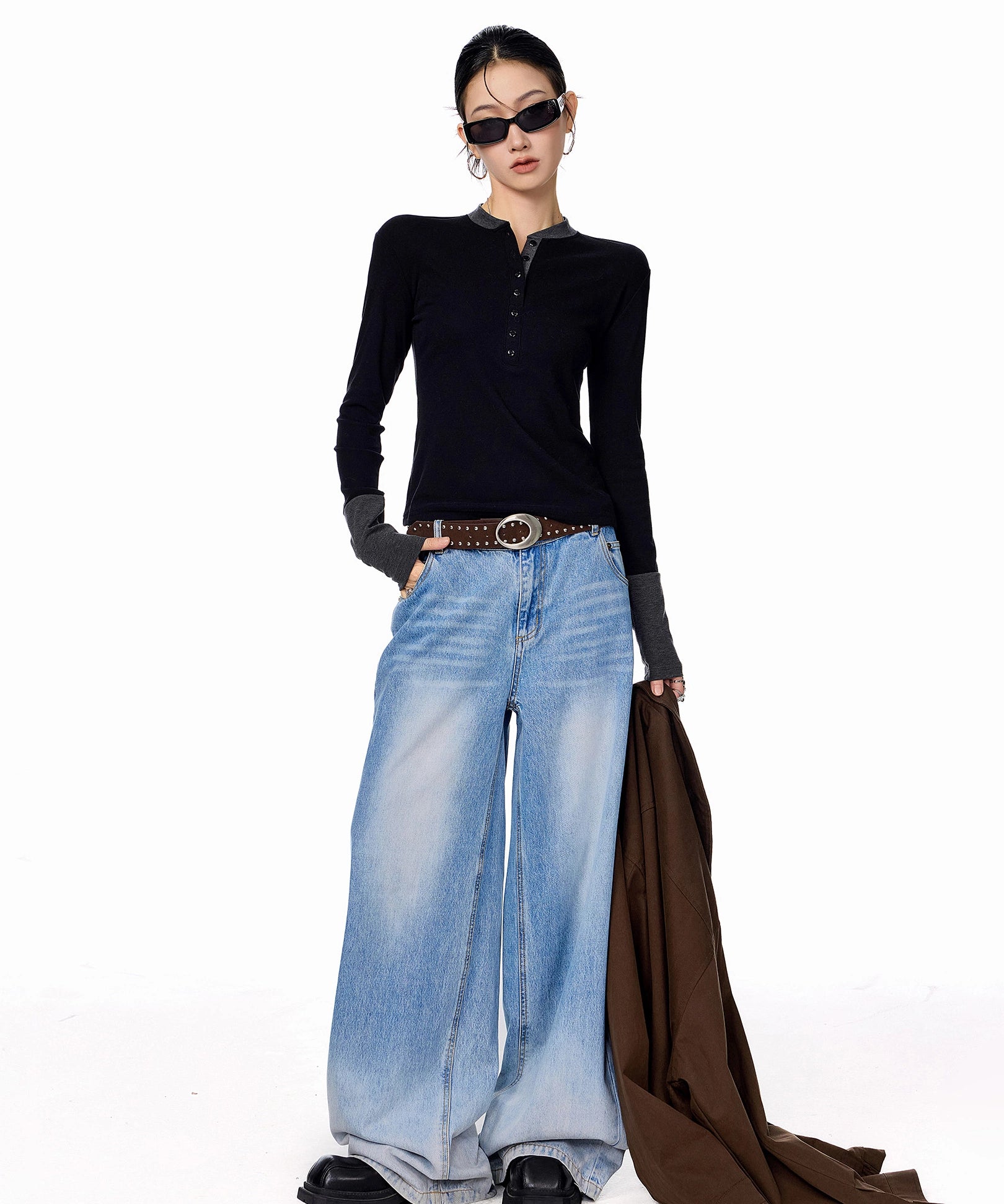 ICH MODE 美式复古假两件长袖T恤女秋冬亨利领一字肩修身打底上衣