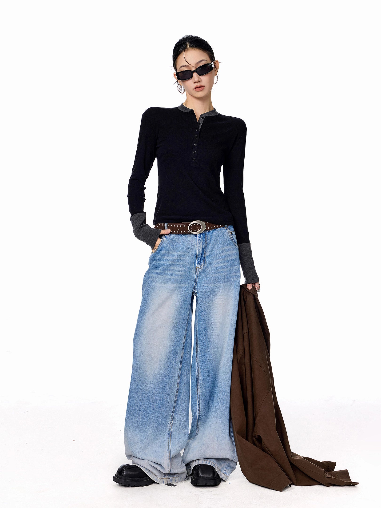 ICH MODE 美式复古假两件长袖T恤女秋冬亨利领一字肩修身打底上衣