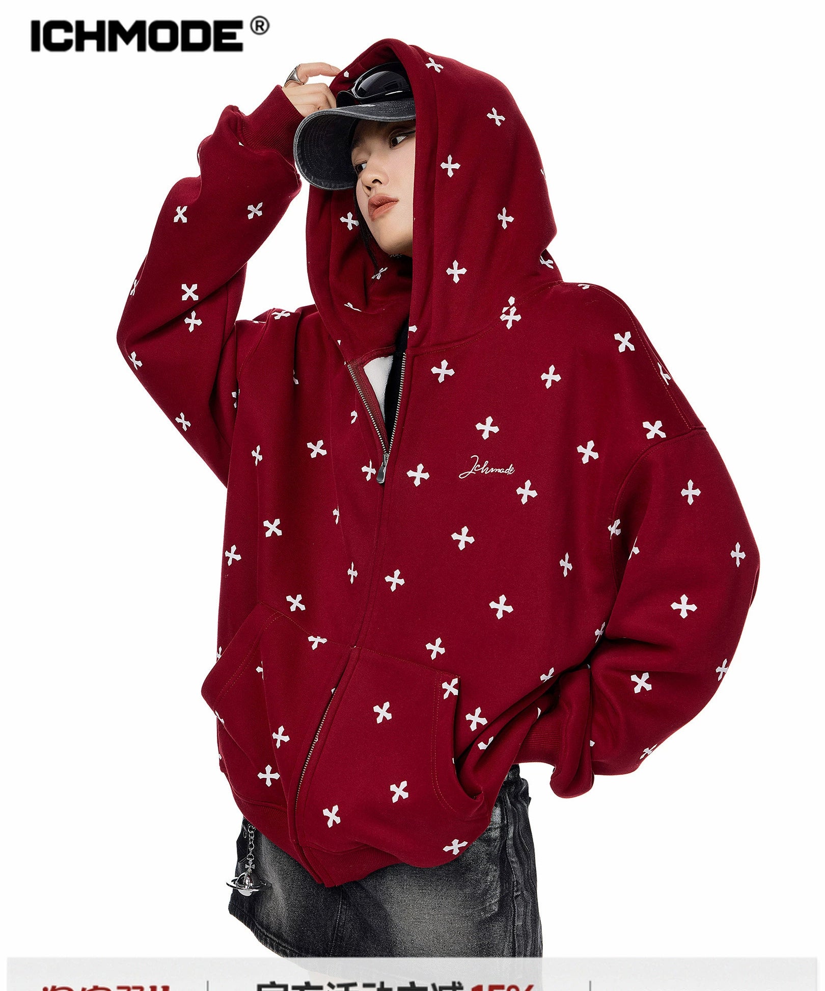 ICH MODE 美式哥特风十字架满印连帽卫衣外套女秋冬拉链开衫上衣