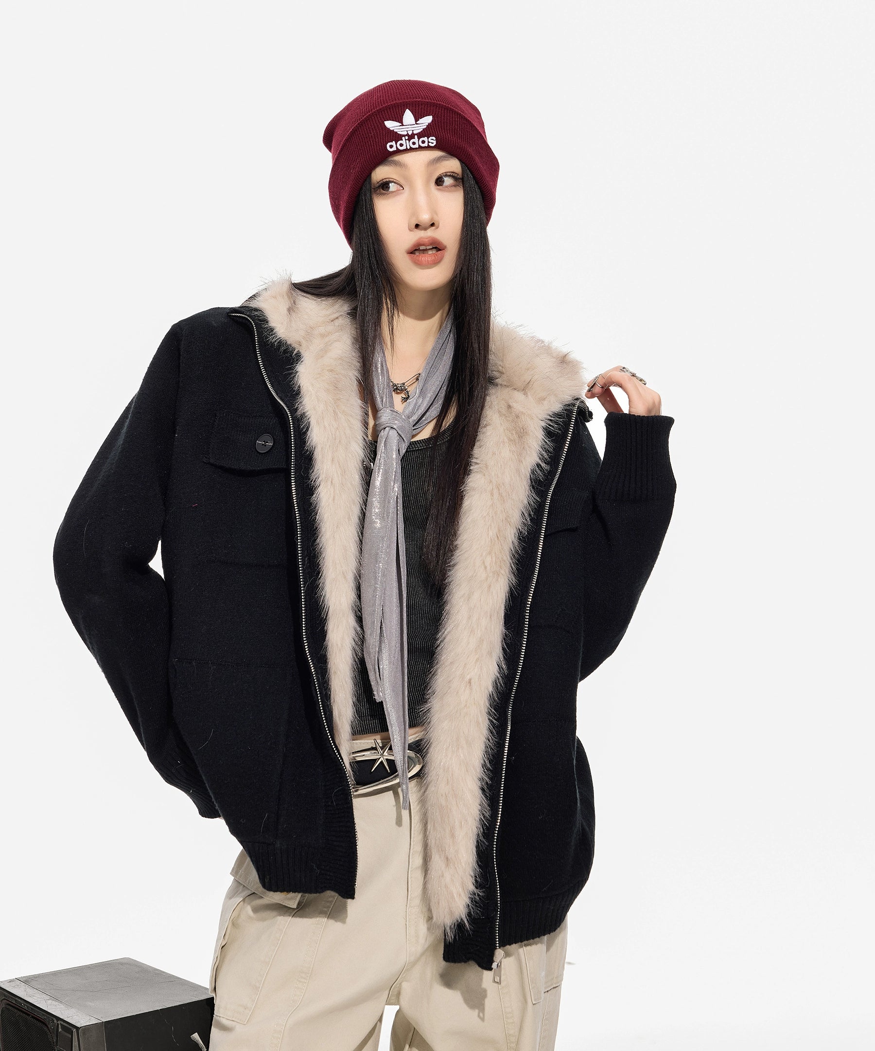 ICH MODE 美式内胆加绒毛针织开衫女秋冬季高领毛衣外套2025新款