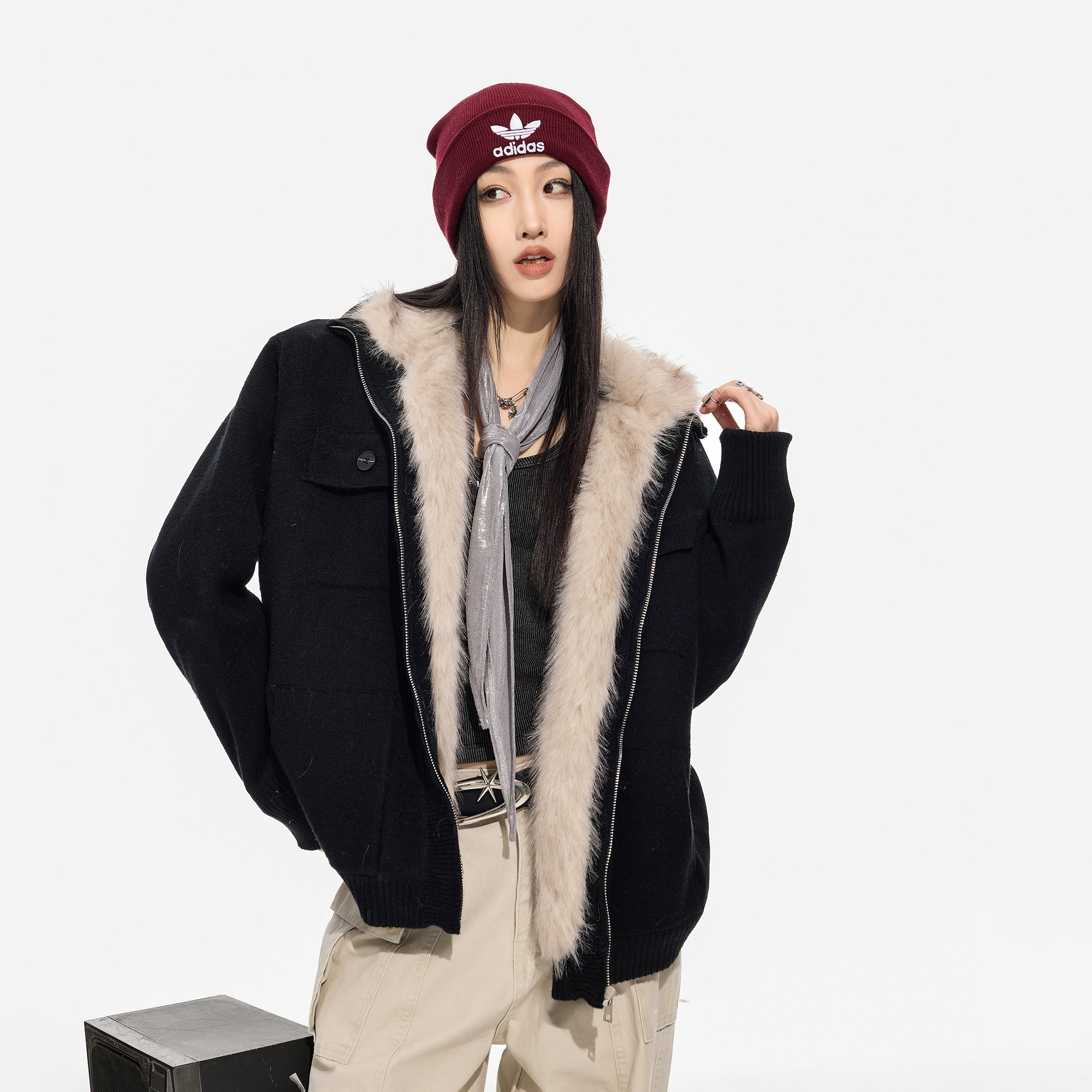 ICH MODE 美式内胆加绒毛针织开衫女秋冬季高领毛衣外套2025新款