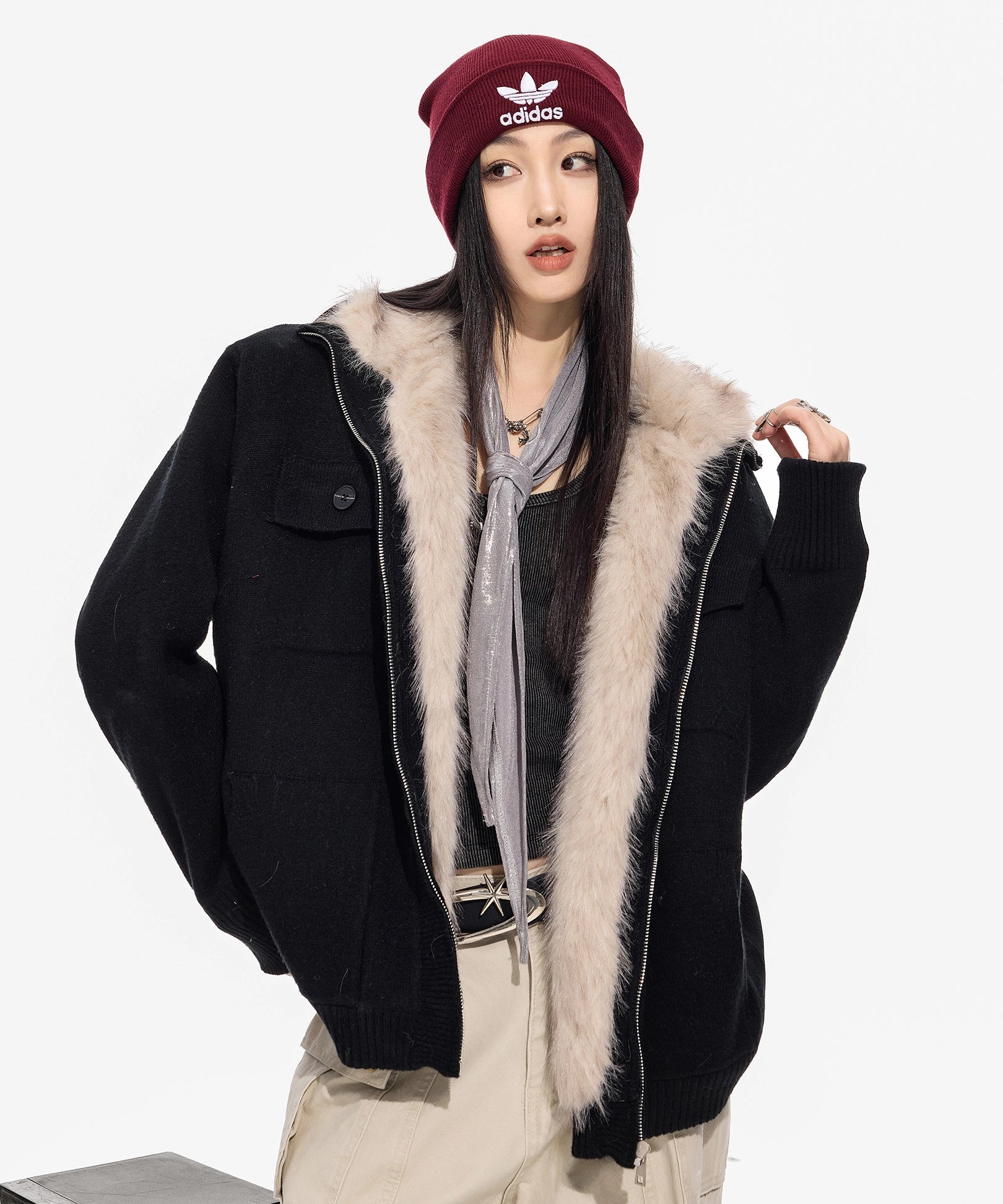 ICH MODE 美式内胆加绒毛针织开衫女秋冬季高领毛衣外套2025新款