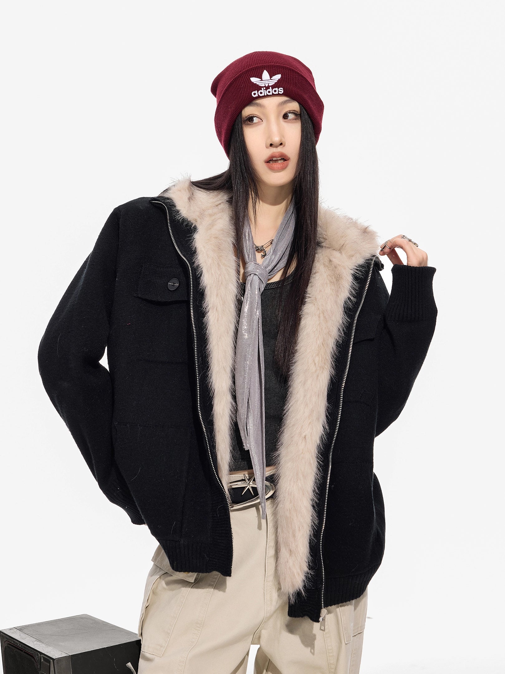 ICH MODE 美式内胆加绒毛针织开衫女秋冬季高领毛衣外套2025新款