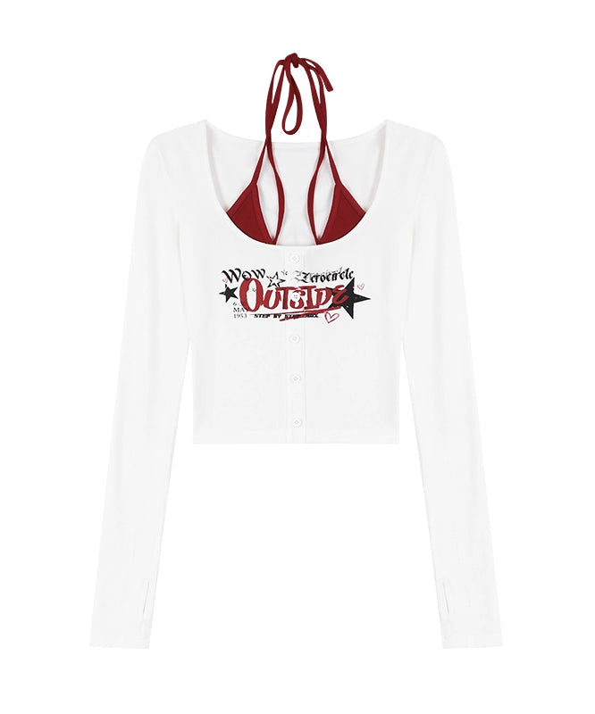 野生zero 撞色正肩长袖t恤女春夏辣妹修身显瘦印花假两件短款上衣