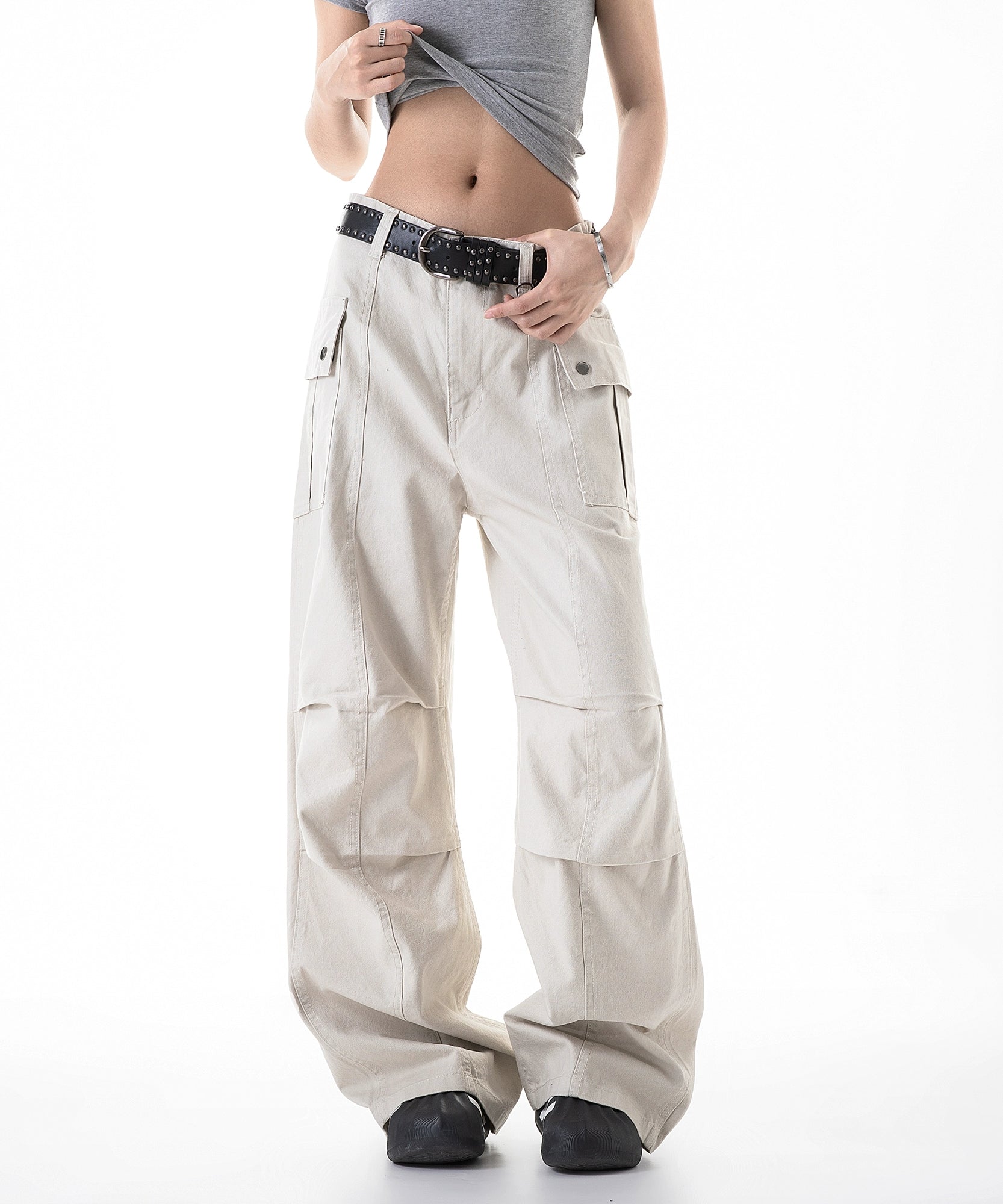 ICH MODE 美式复古口袋休闲裤女夏季宽松直筒工装裤流行阔腿裤子